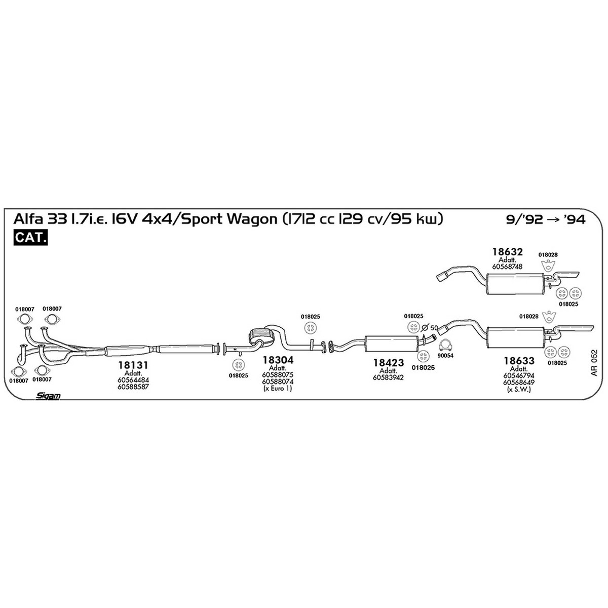 ar052 Marmitta centrale Alfa Romeo Alfa 33 1.7i.e. 16V 4x4 / Sport Wagon 1712 cc 129 cv 95 kw Cat 09/92 -> 1994 (18423) - immagine 1