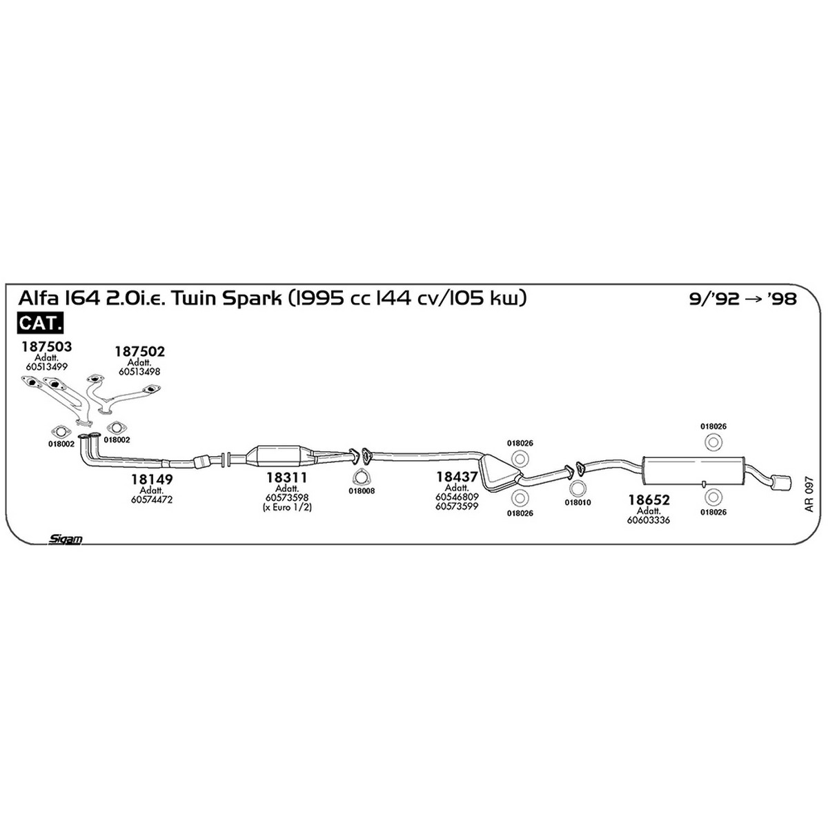 ar097 Tubo al collettore Alfa Romeo Alfa 164 2.0i.e. Twin Spark 1995 cc 144 cv 105 kw Cat 09/92 -> 1998 (18149) - immagine 1