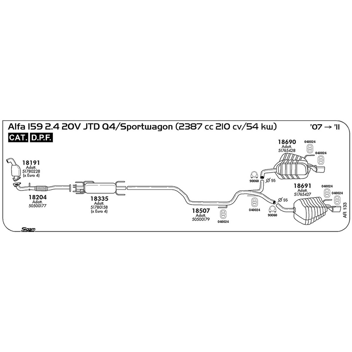 ar133 Marmitta posteriore Alfa Romeo Alfa 159 2.4 JTD 20V Q4 / Sportwagon 2387 cc 210 cv 154 kw DPF Cat 2007 -> 2011 (18690) - immagine 1