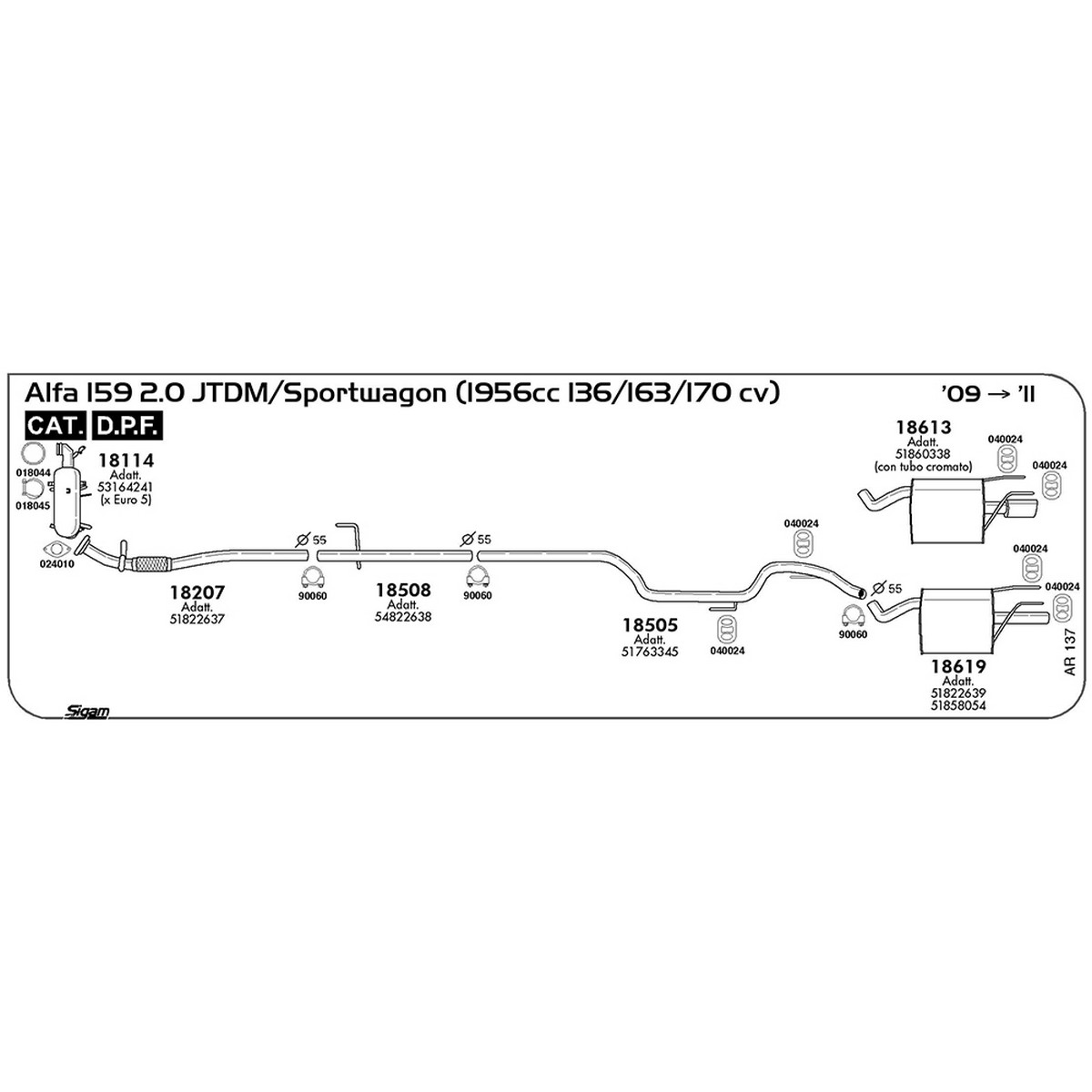 ar137 DPF Alfa Romeo Alfa 159 2.0 JTDM / Sportwagon 1956 cc 136 / 163 / 170 cv DPF Cat 2009 -> 2011 (18114) - immagine 1