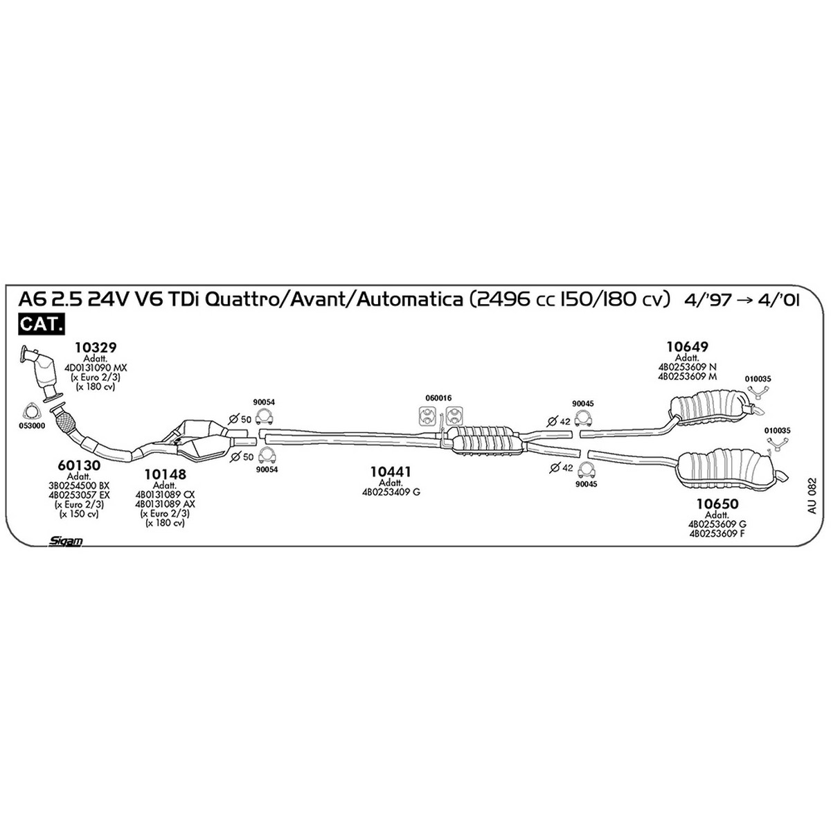 au082 Marmitta centrale Audi A6 4B2 - 4B5 2.5 24V V6 TDi Quattro / Avant / Automatica 2496 cc 150 / 180 cv Motore AKE / BAU / BDH Cat 04/97 -> 04/01 (10441) - immagine 1