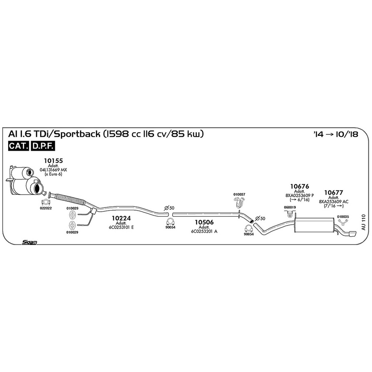 au110 Tubo intermedio Audi A1 8X1 - 8XK / 8XA - 8XF 1.6 TDI / Sportback 1598 cc 116 cv 85 kw Motore CXMA Cat DPF 2014 -> 10/18 (10506) - immagine 1