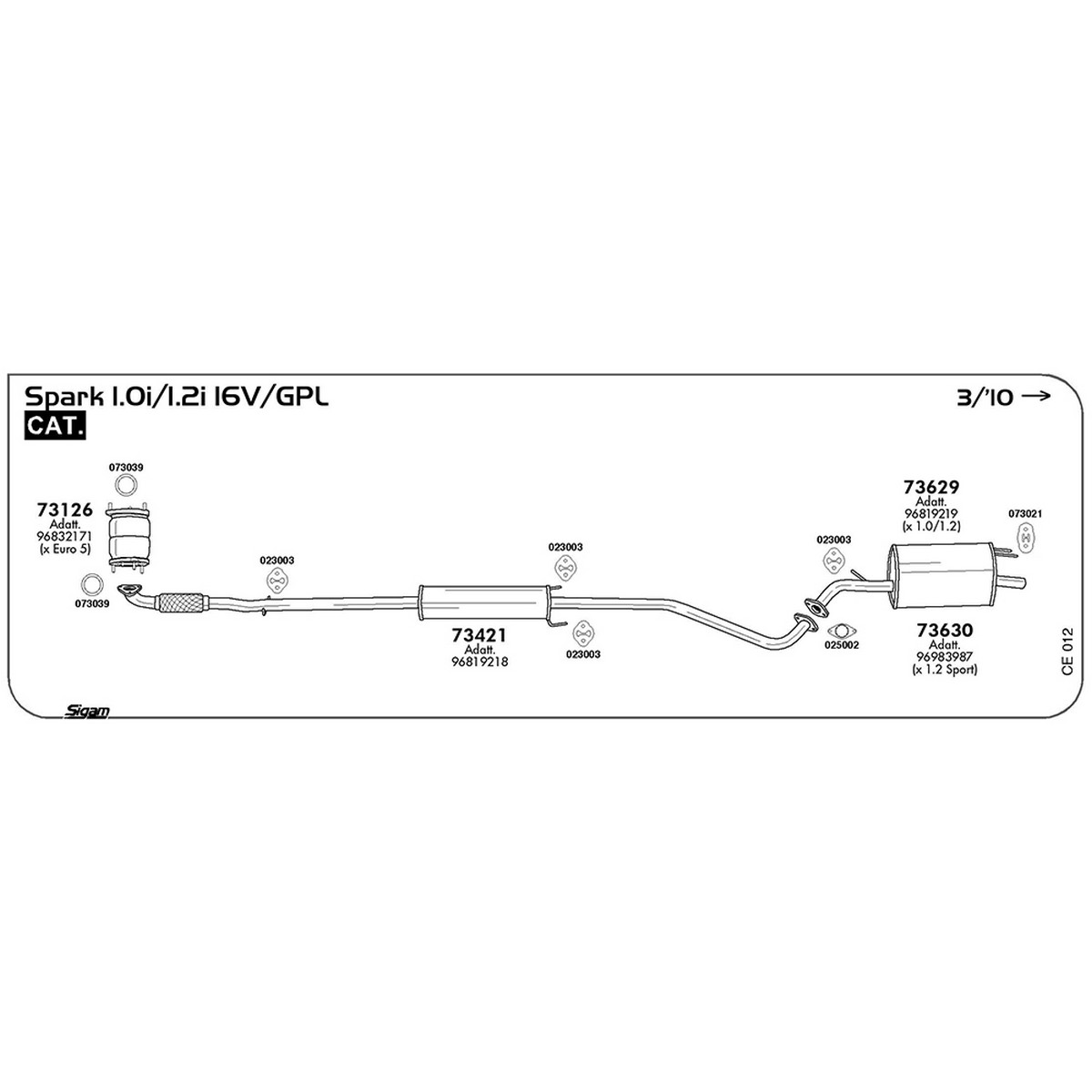 ce012 Marmitta centrale Chevrolet Spark M300 1.2i 16V / Sport / GPL 1206 cc 82 cv 60 kw Cat 03/10 -> (73421) - immagine 1