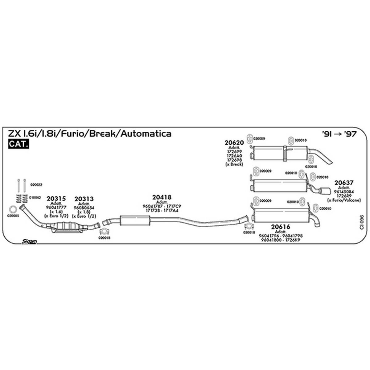 ci096 Marmitta centrale Citroen ZX 1.8i / Furio / Break / Automatica 1761 cc 101 cv 74 kw Cat 1995 -> 08/96 (20418) - immagine 1