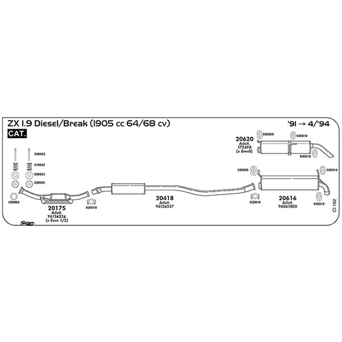 ci102 Marmitta centrale Citroen ZX 1.9 Diesel / Break 1905 cc 64 / 68 cv Cat 1991 -> 04/94 (20418) - immagine 1