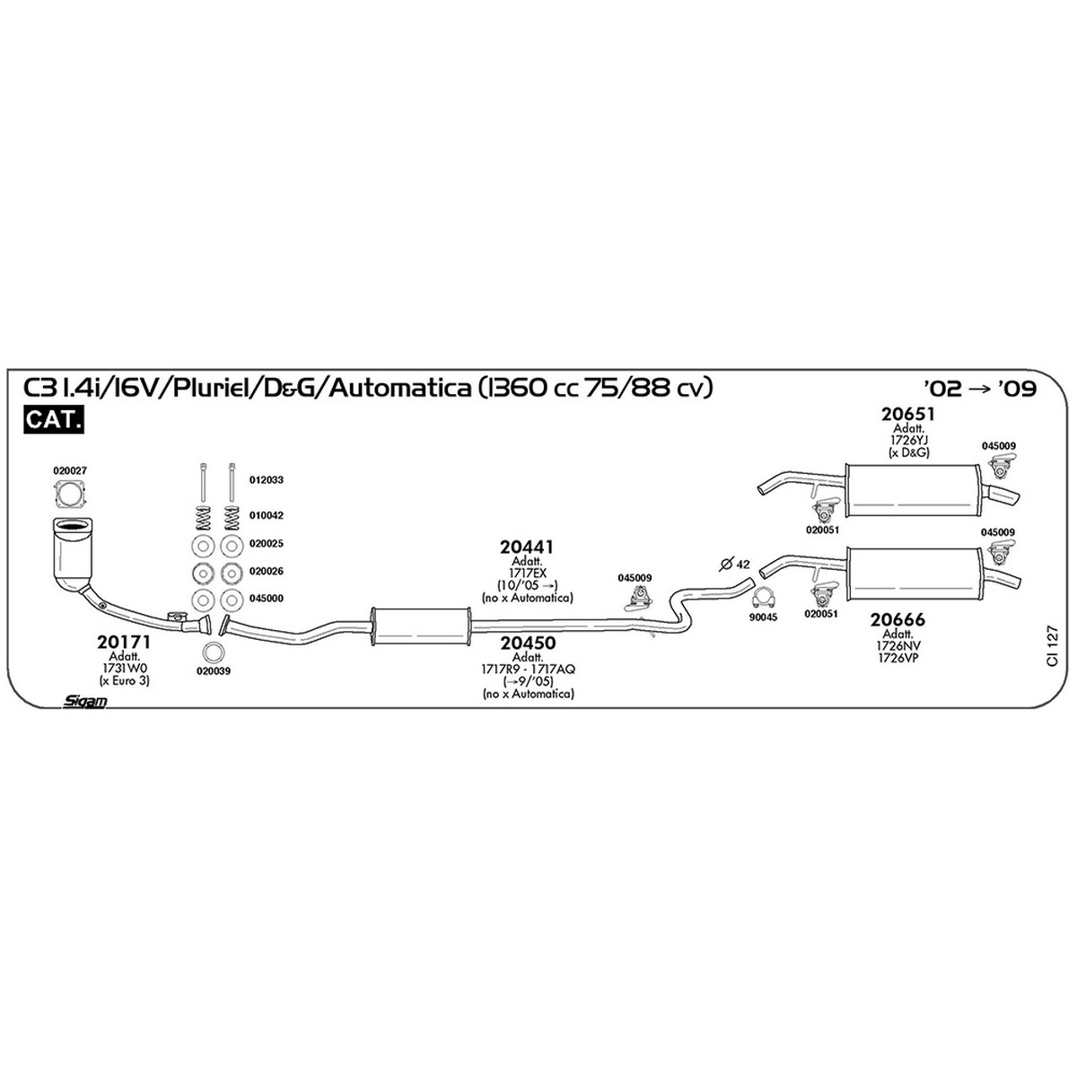 ci127 Marmitta centrale Citroen C3 I 1.4i / 16V / Pluriel / D&G / Automatica1360 cc 75 / 88 cv Cat 2002 -> 2009 (20441) - immagine 1