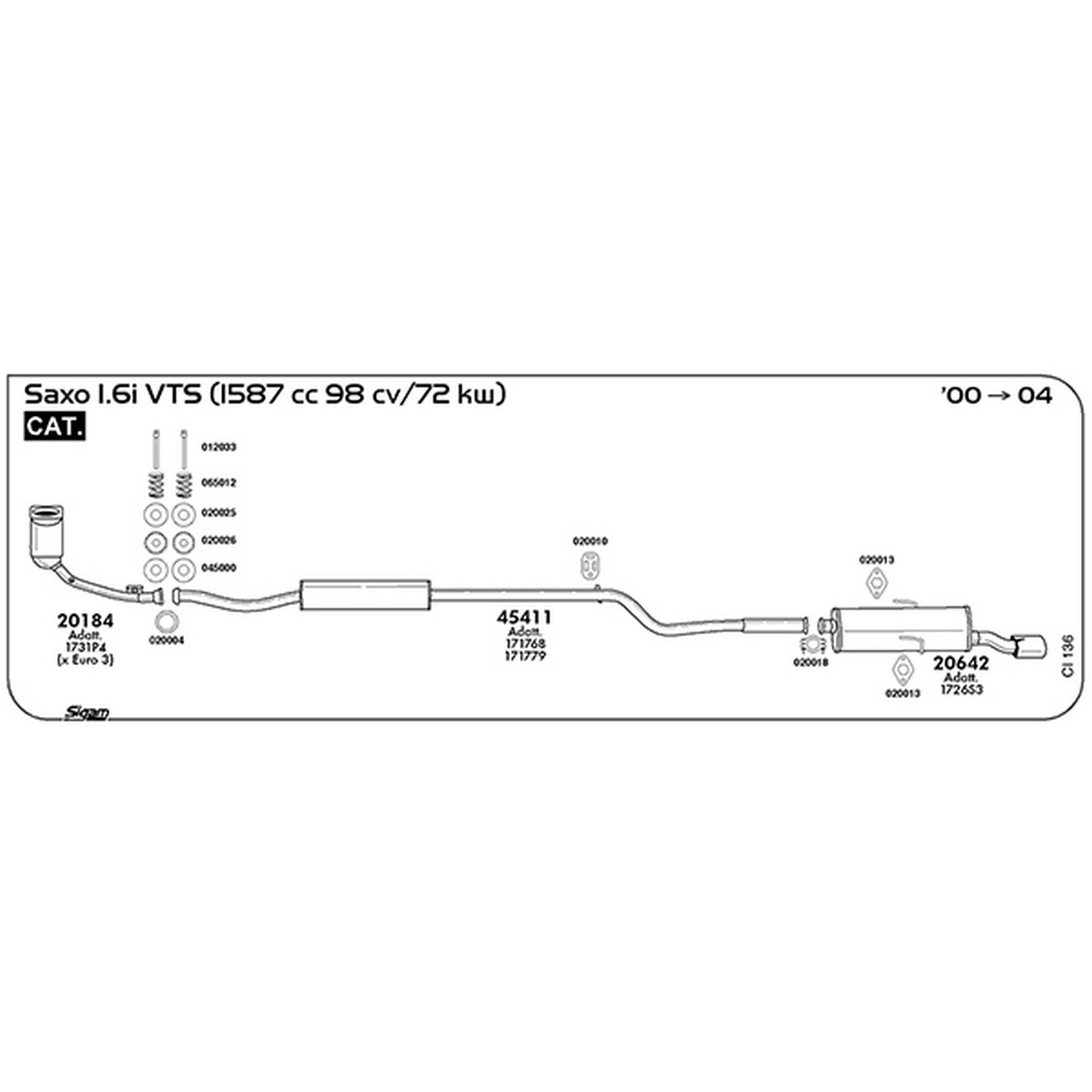 ci136 Marmitta centrale Citroen Saxo 1.6i VTS 1587 cc 98 cv 72 kw Cat 2000 -> 2004 (45411) - immagine 1
