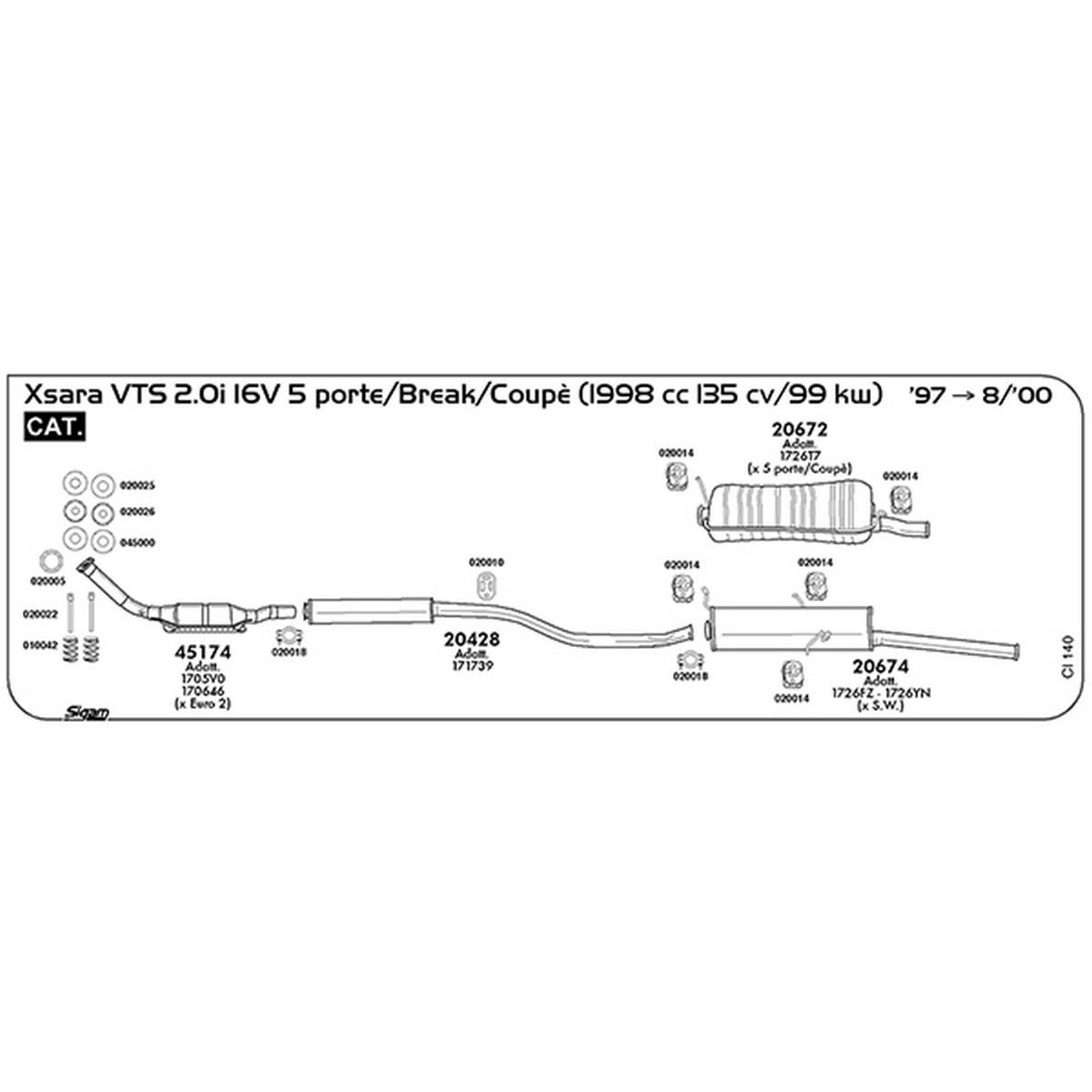 ci140 Marmitta centrale Citroen Xsara 2,0i 16V VTS 5 Porte/ Coupè / Break 1998 cc 135 cv 99 kw Cat 1997 -> 08/00 (20428) - immagine 1