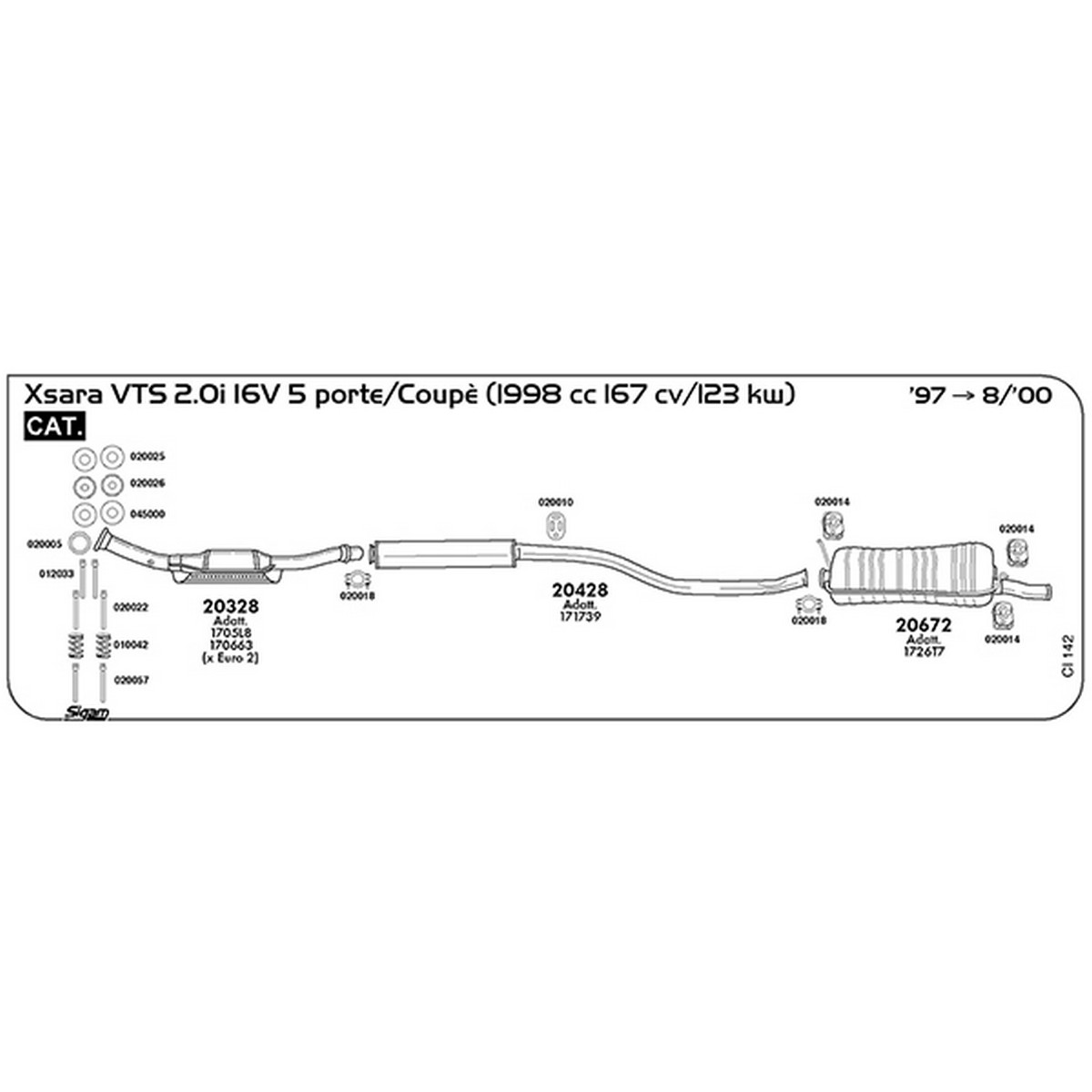 ci142 Marmitta centrale Citroen Xsara 2.0i 16V VTS 5 Porte / Coupè 1998 cc 167 cv 123 kw Cat 1997 -> 08/00 (20428) - immagine 1