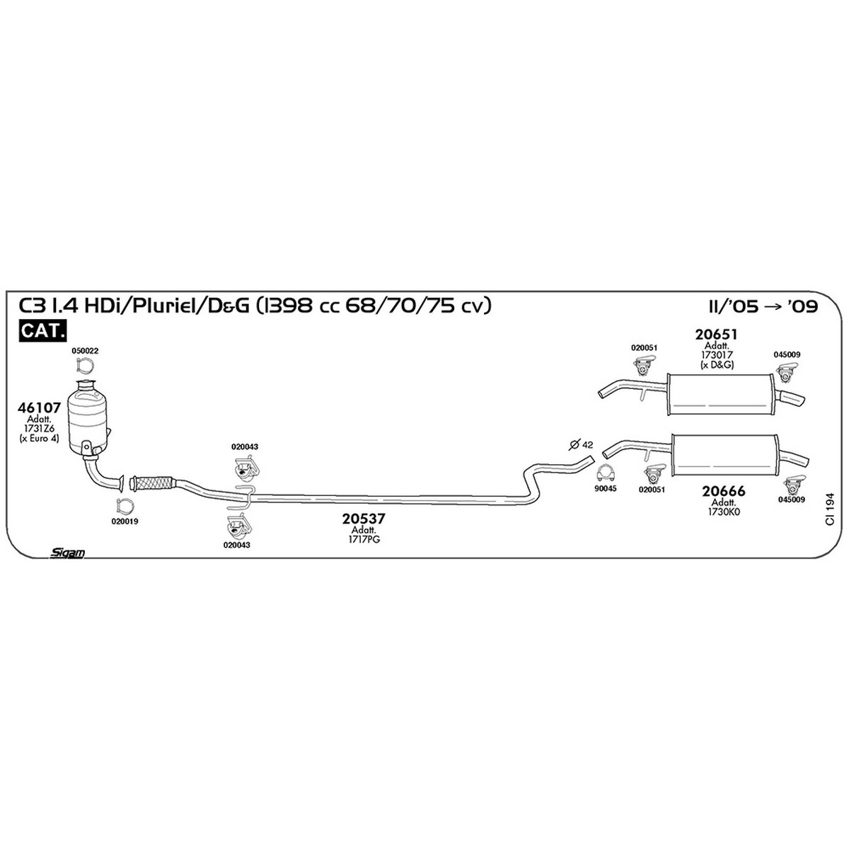 ci194 Marmitta posteriore Citroen C3 I 1.4 HDI / Pluriel / D&G 1398 cc 68 / 70 / 75 cv Cat 11/05 -> 2009 (20666) - immagine 1