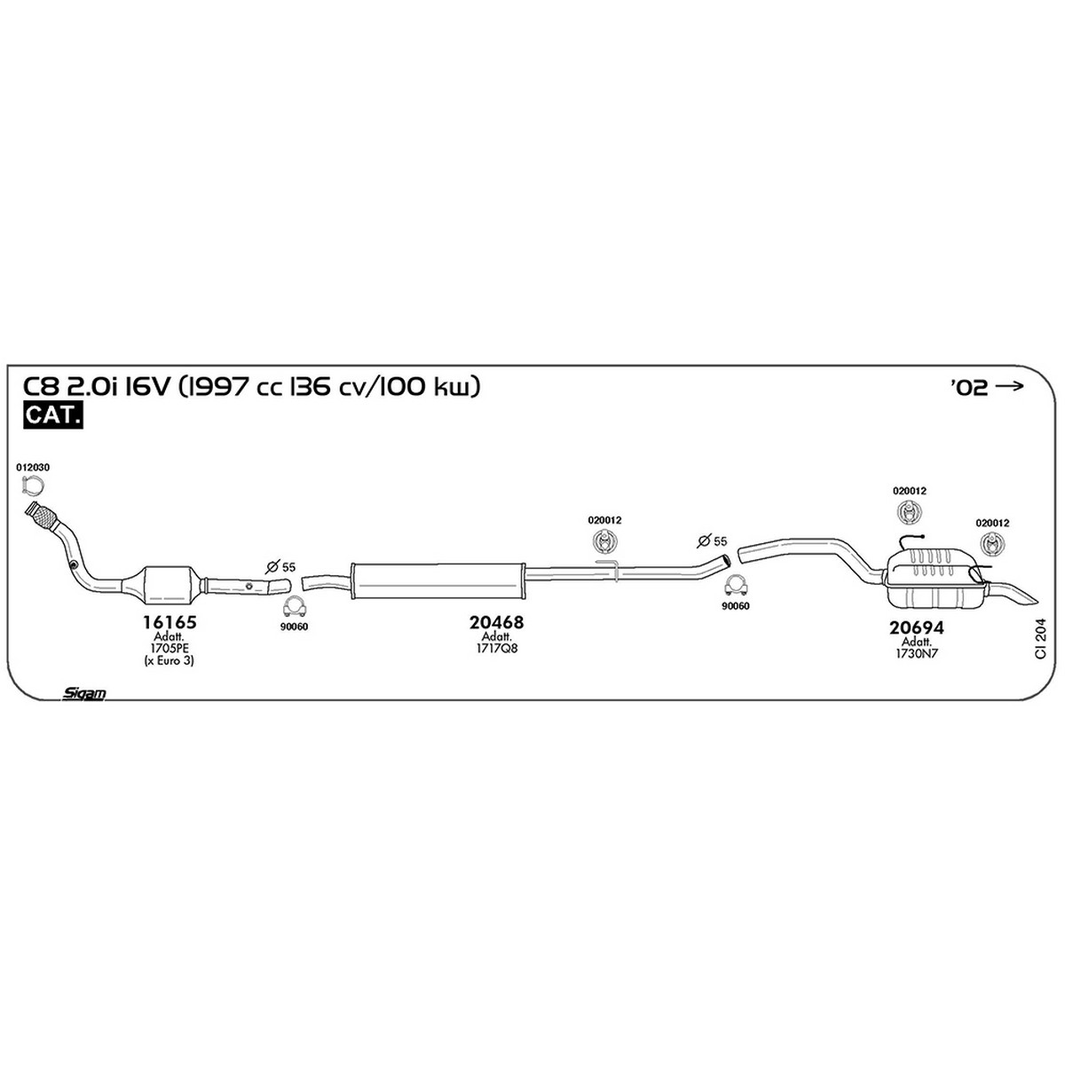 ci204 Marmitta centrale Citroen C8 I 2.0i 16V 1997 cc 136 cv 100 kw Cat 2002 -> (20468) - immagine 1
