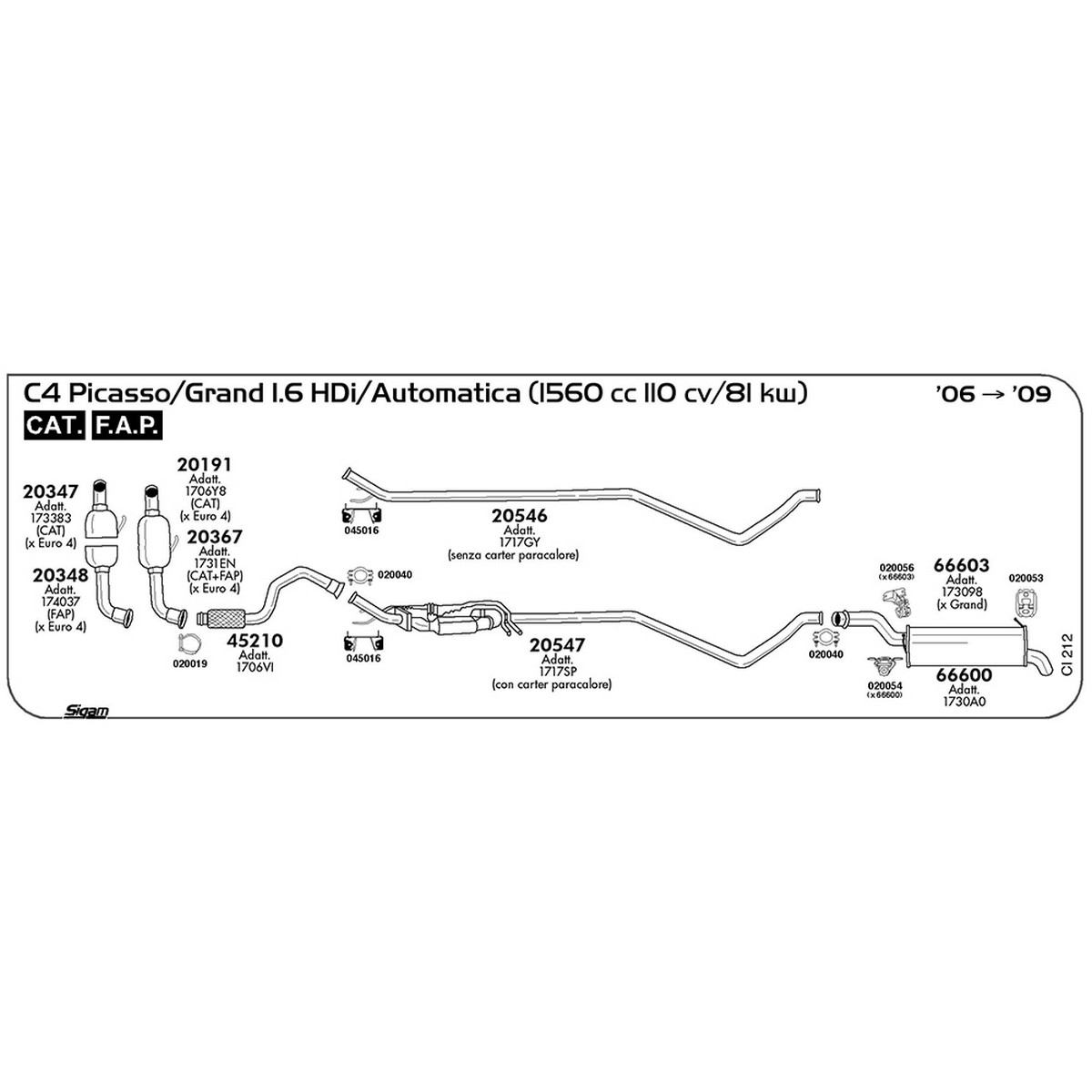 ci212 Tubo anteriore Citroen C4 Picasso/Grand I 1.6 HDi / Automatica 1560 cc 110 cv 81 kw Cat Fap 2006 -> 2009 (45210) - immagine 1