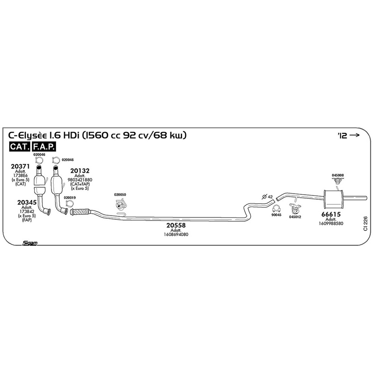 ci226 DPF Citroen C-Elysèe 1.6 HDI 1560 cc 92 cv 68 kw Cat DPF 2012 -> (20345) - immagine 1