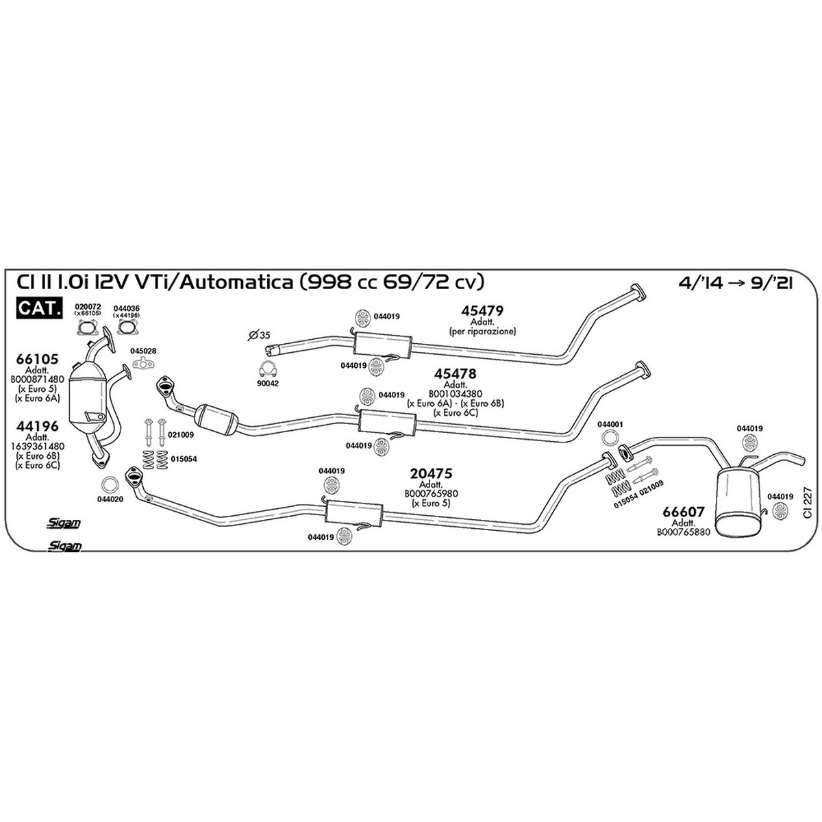 ci227 Marmitta centrale Citroen C1 II 1.0 12V VTi / Automatica 998 cc 69 / 72 cv Cat 04/14 -> 09/21 (45479) - immagine 1