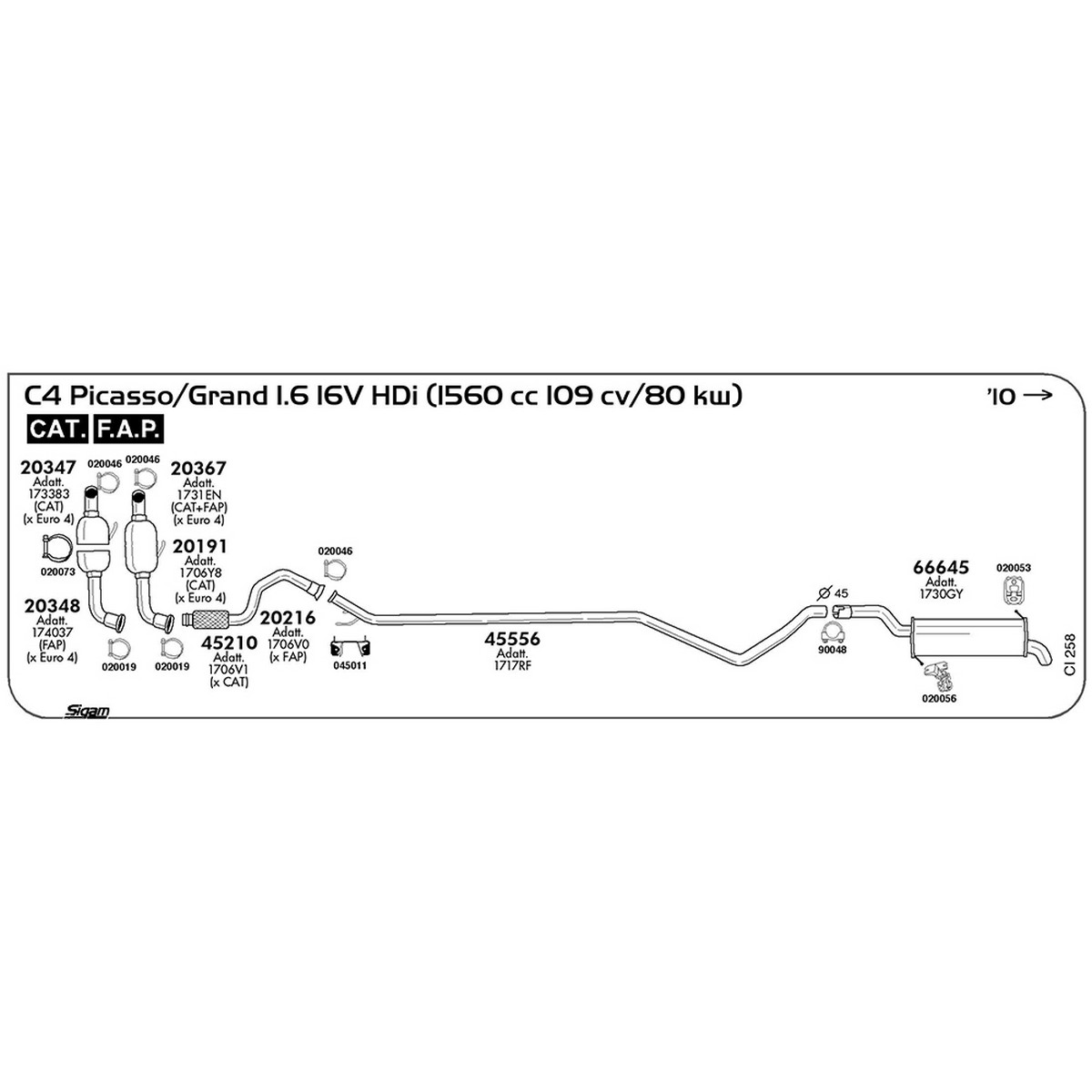 ci258 Tubo anteriore Citroen C4 Picasso/Grand I 1.6 16V HDI 1560 cc 109 cv 80 kw Cat Fap 2010 -> (45210) - immagine 1