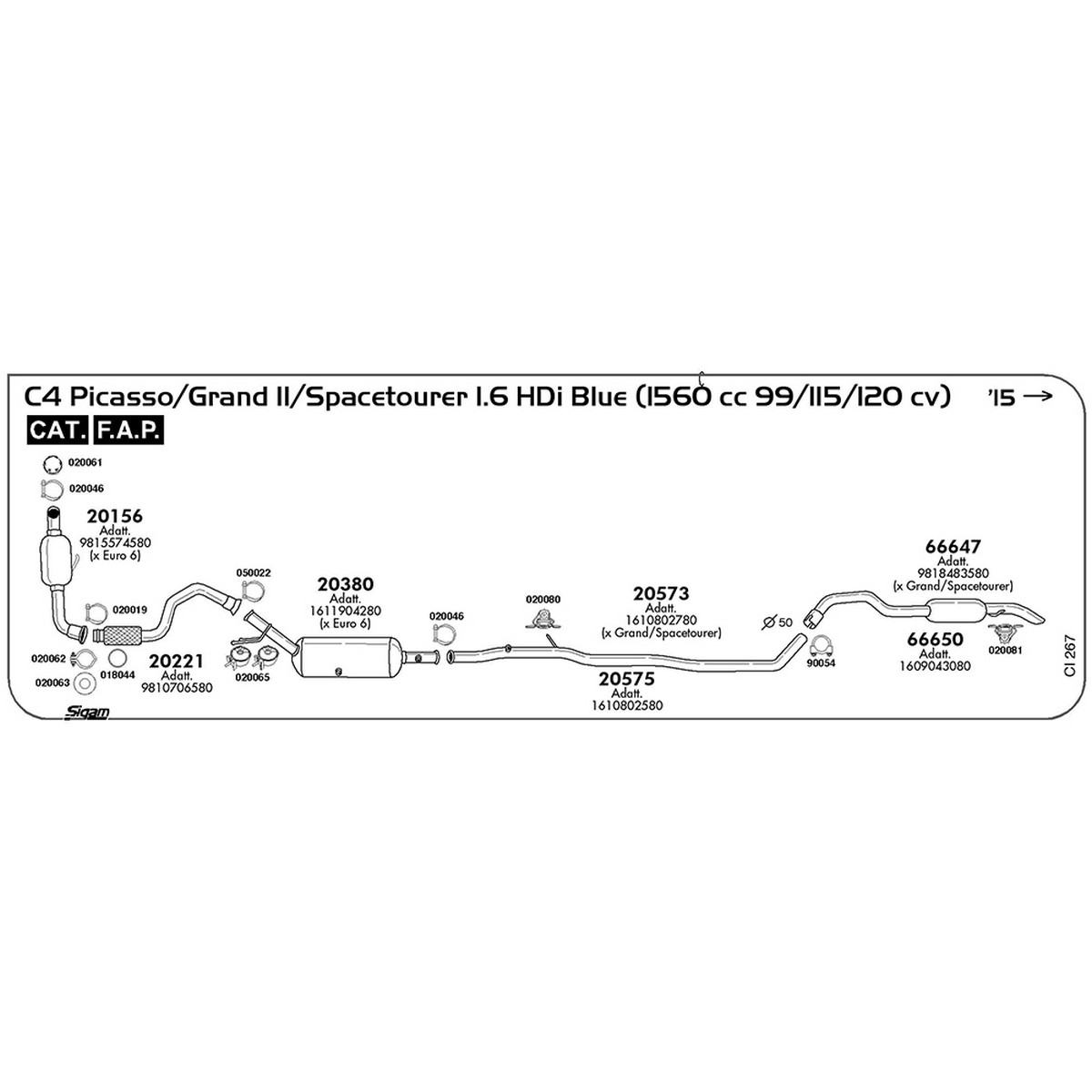 ci267 Tubo anteriore Citroen C4 Picasso/Grand II 1.6 HDI Blue 1560 cc 99 / 115 / 120 cv Cat Fap 2015 -> 08/18 (20221) - immagine 1