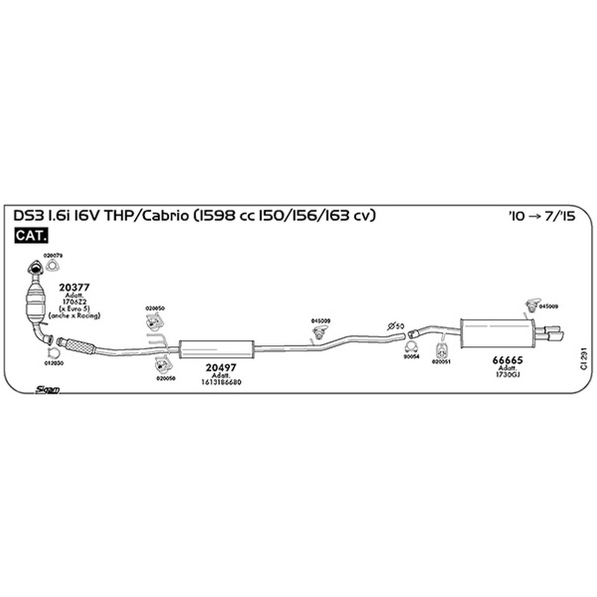 ci291 Marmitta centrale Citroen DS3 1.6i THP 16V / Cabrio 1598 cc 150 / 156 / 163 cv Cat 2010 -> 07/15 (20497) - immagine 1