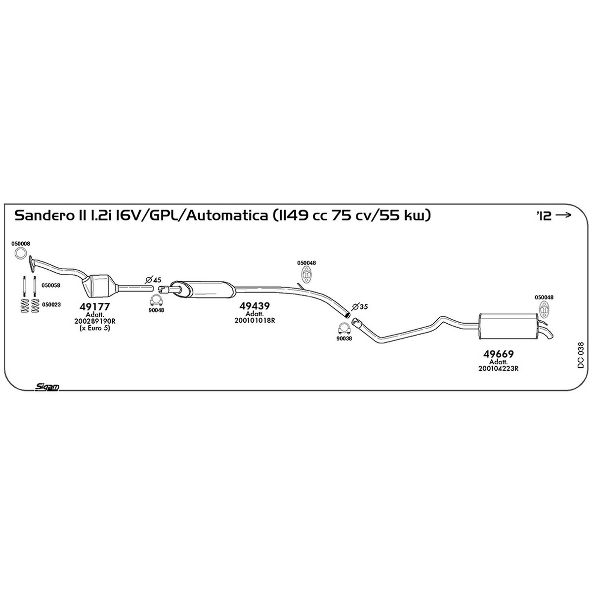 dc038 Marmitta centrale Dacia Sandero II 1.2i 16V / GPL / Automatica 1149 cc 75 cv 55 kw Cat 2012 -> (49439) - immagine 1