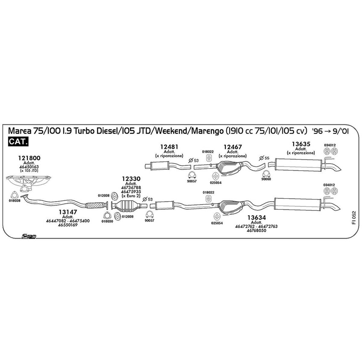 fi052 Marmitta centrale Fiat Marea 1.9 Turbo Diesel 75 / 100 / JTD 105 / Weekend / Marengo 1910 cc 75 / 101 / 105 cv Cat 1996 -> 09/01 (12481) - immagine 1
