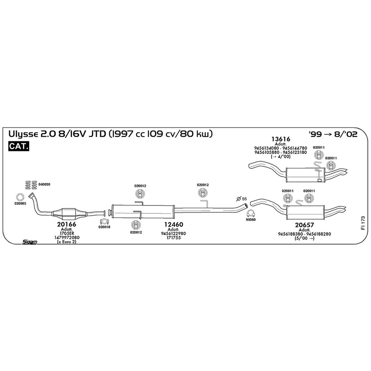 fi173 Marmitta centrale Fiat Ulysse I 220 2.0 8 / 16V JTD 1997 cc 109 cv 80 kw Cat 1999 -> 08/02 (12460) - immagine 1