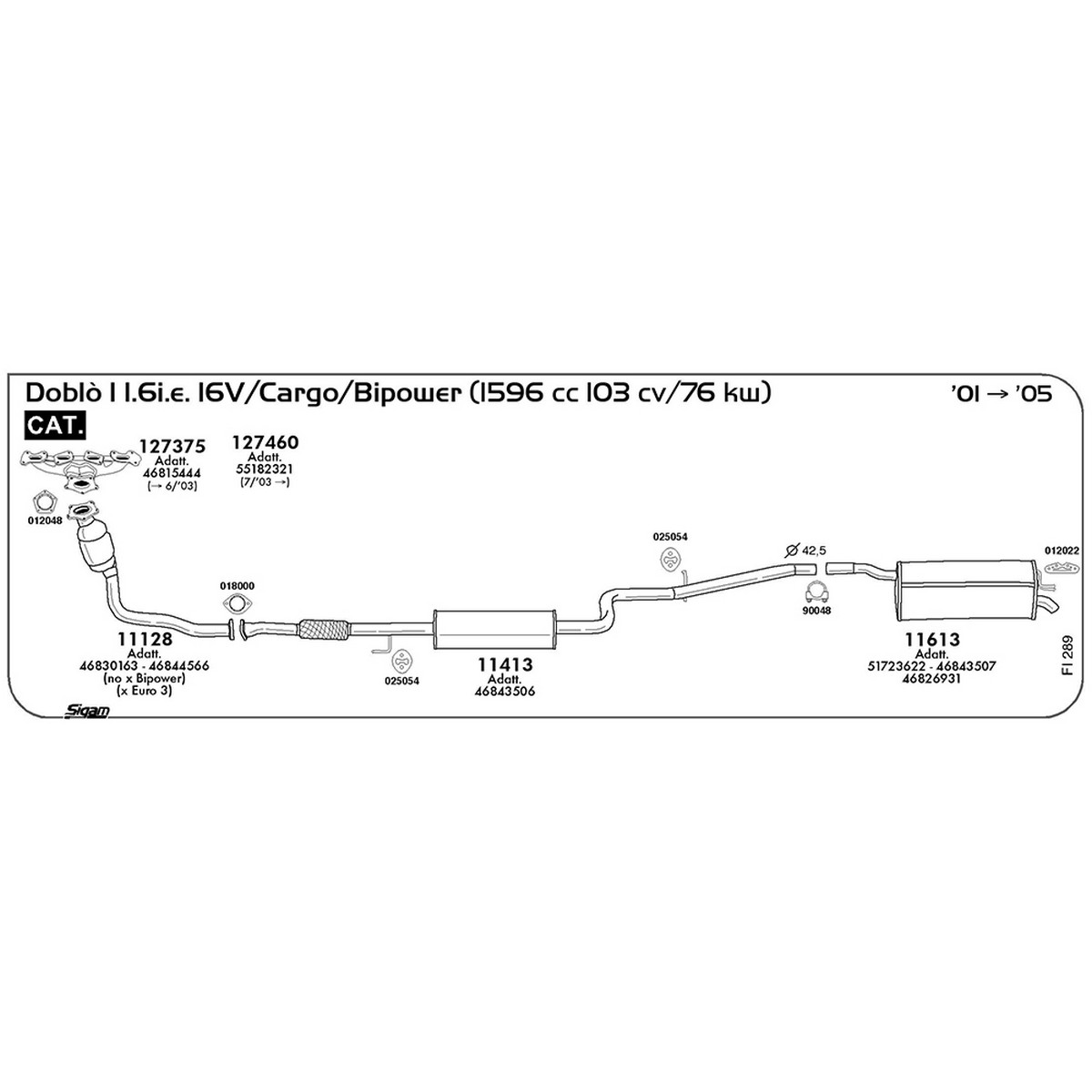 fi289 Marmitta centrale Fiat Doblò I 119-223 1.6i.e. 16V / Bipower / Cargo 1596 cc 103 cv 76 kw Cat 2001 -> 2005 (11413) - immagine 1