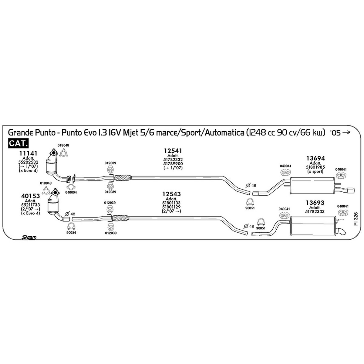 fi326 Tubo intermedio Fiat Grande Punto 1.3 16V Mjet / Sport 5 / 6 marce / Automatica 1248 cc 90 cv 66 kw Cat 2005 -> (12541) - immagine 1