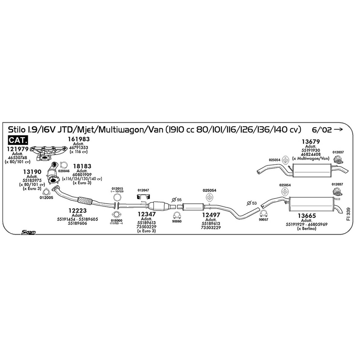 fi339 Marmitta centrale Fiat Stilo 1.9 JTD / Mjet 16V / Multivagon / Van 1910 cc 80 / 101 / 116 / 126 / 136 / 140 cv Cat 06/02 -> (12497) - immagine 1