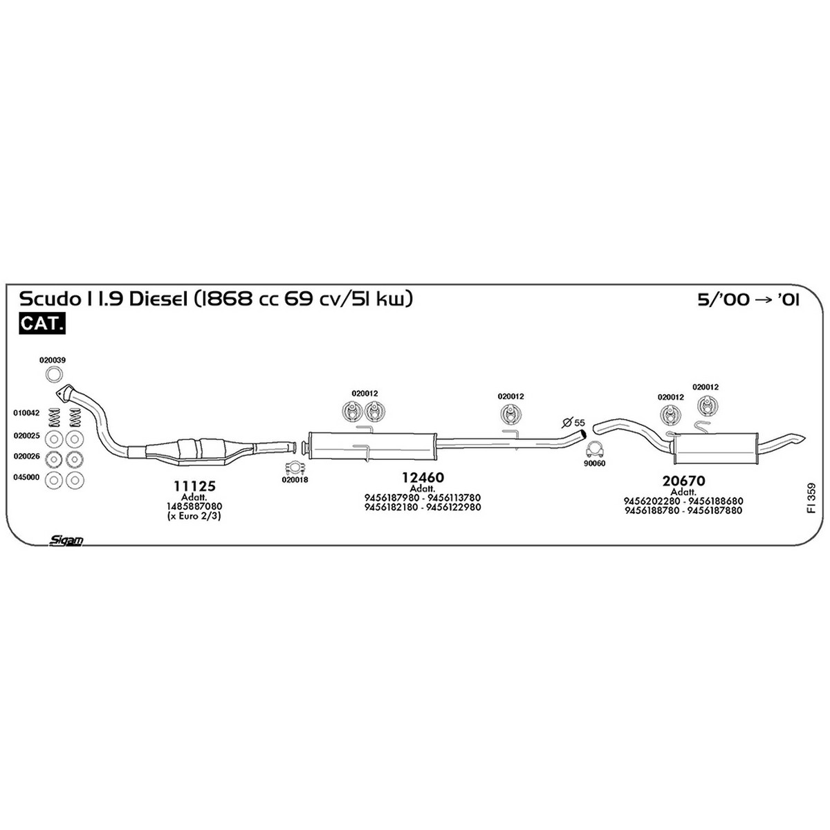 fi359 Marmitta centrale Fiat Scudo I 220 1.9 Diesel 1867 cc 69 cv 51 kw Cat 05/00 -> 2001 (12460) - immagine 1