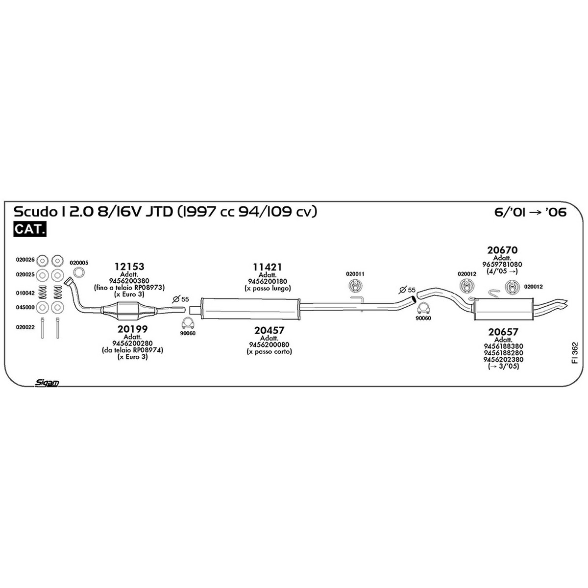 fi362 Marmitta centrale Fiat Scudo I 220 2.0 8 / 16V JTD 1997 cc 94 / 109 cv Cat 06/01 -> 2006 (20457) - immagine 1