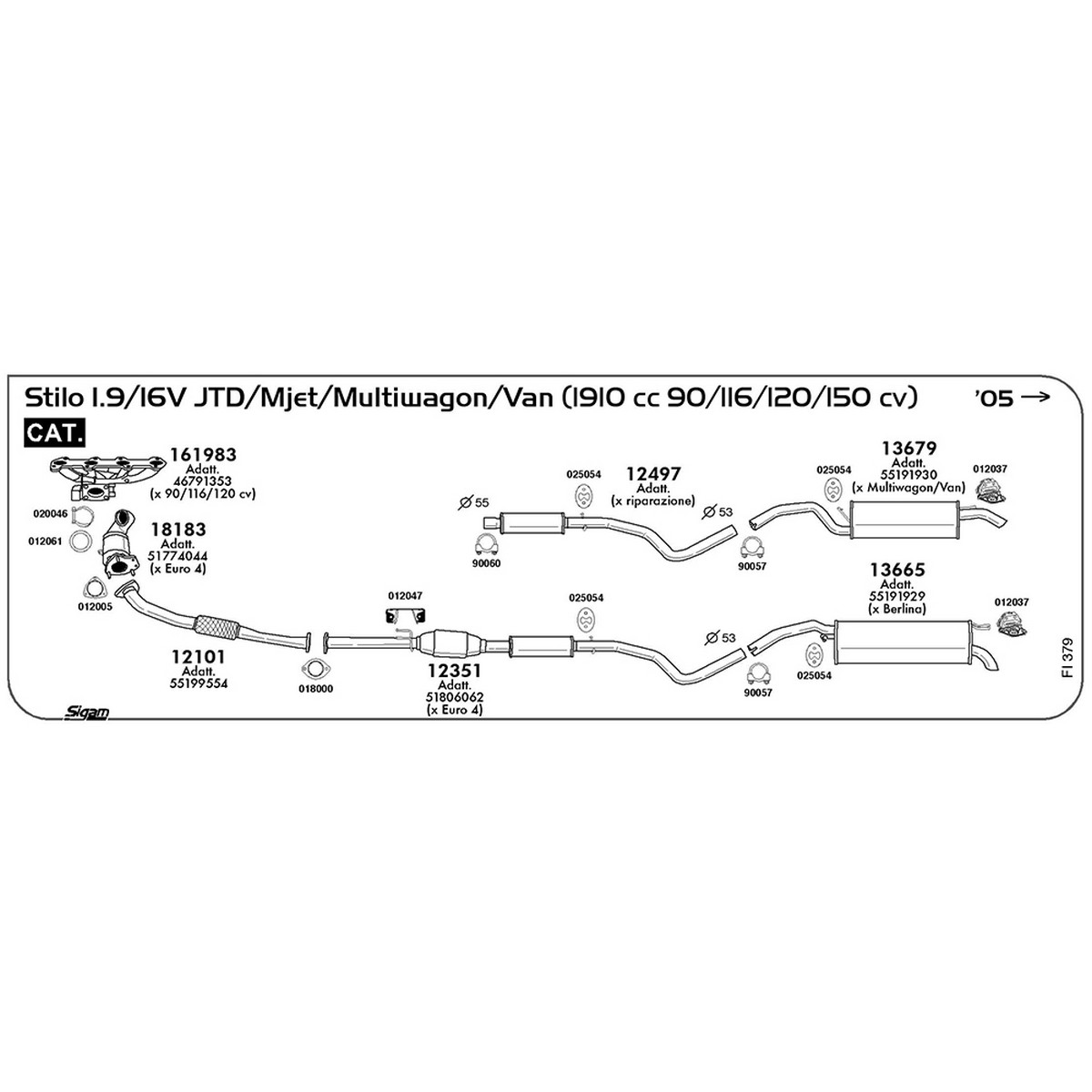 fi379 Tubo al collettore Fiat Stilo 1.9 16V JTD / Mjet / Multivagon / Van 1910 cc 90 / 116 / 120 / 150 cv Cat 2005 -> (12101) - immagine 1