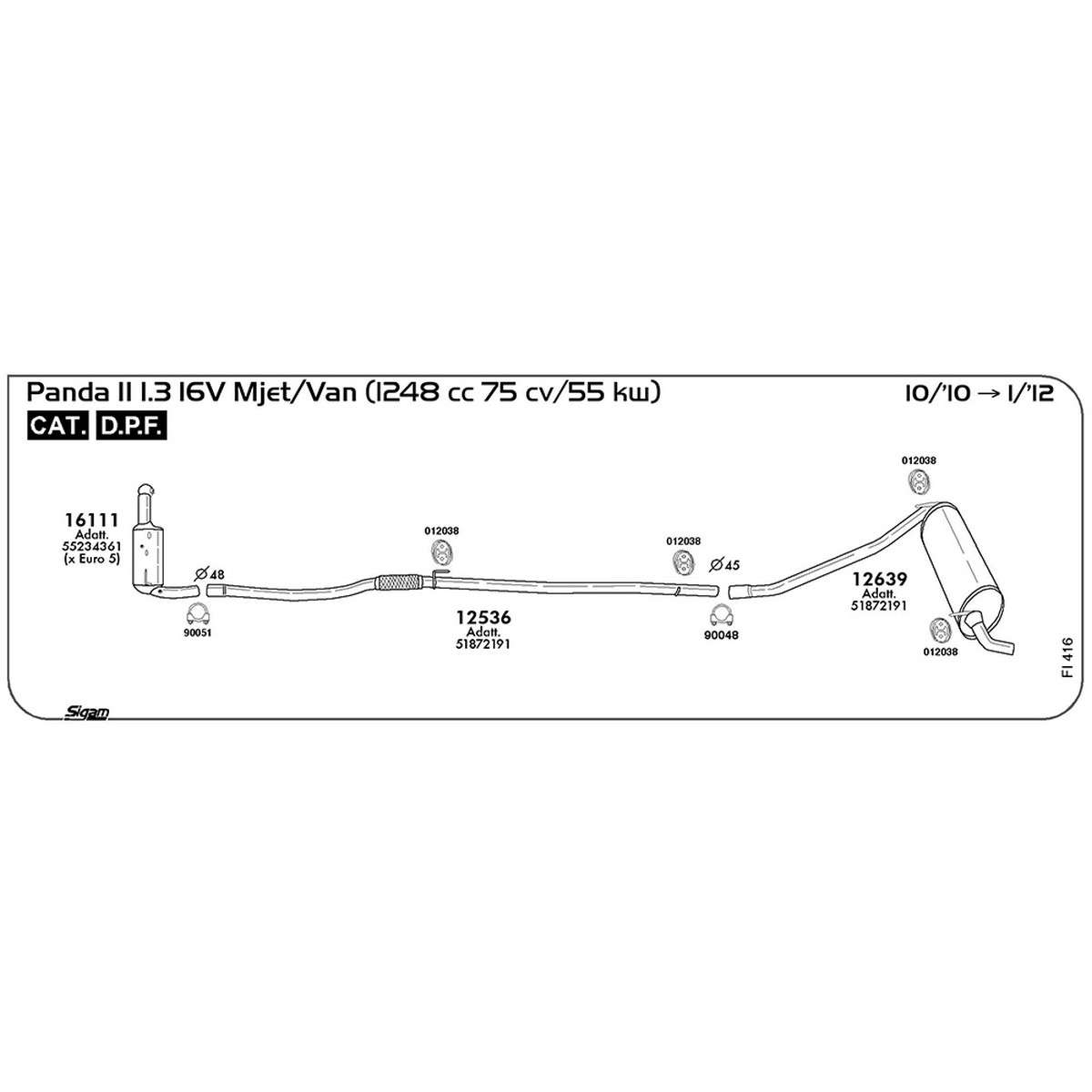 fi416 Tubo intermedio Fiat Panda II 169 1.3 16V Mjet 4WD / Van 1248 cc 75 cv 55 kw Cat DPF 10/10 -> 01/12 (12536) - immagine 1