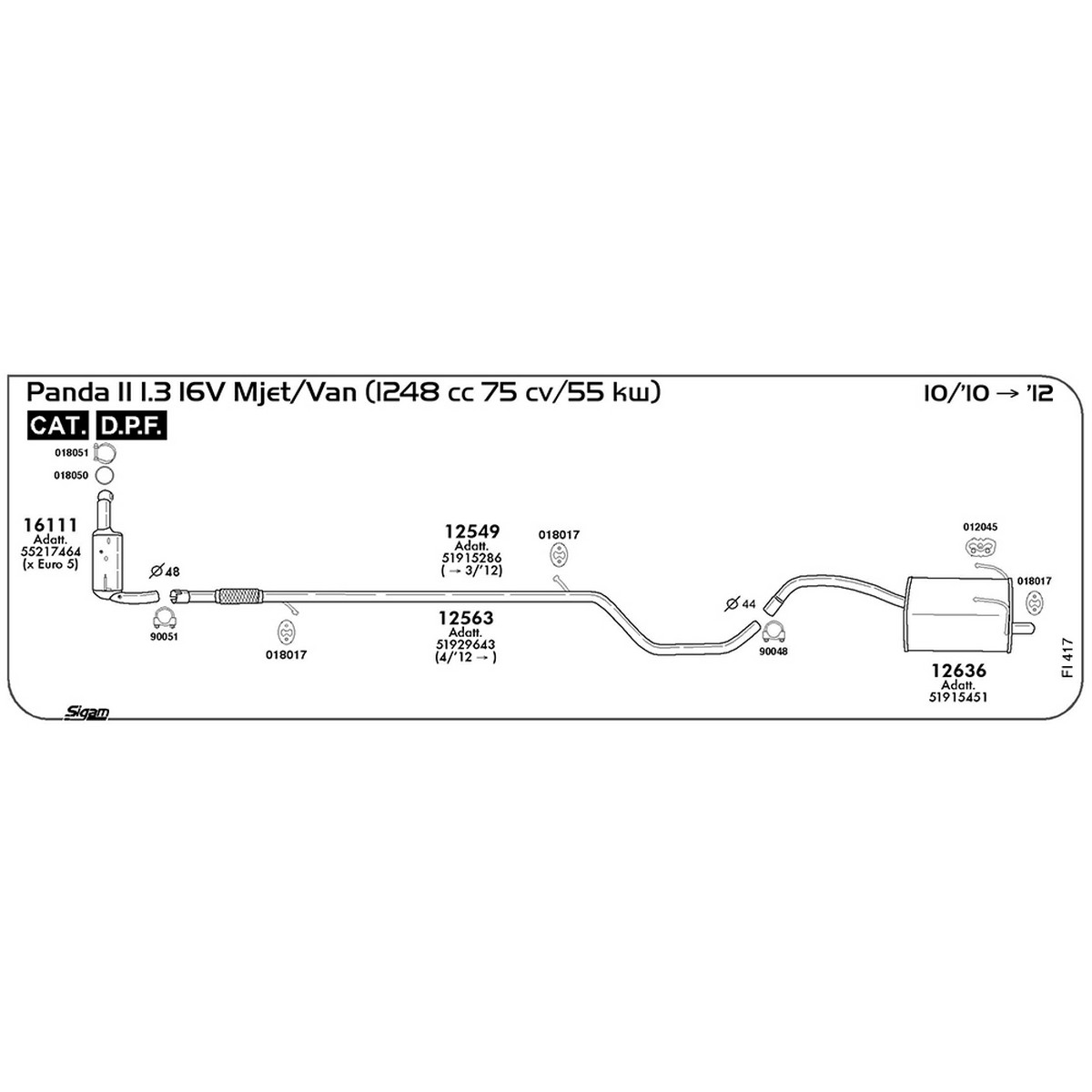fi417 Tubo intermedio Fiat Panda II 169 1.3 16V Mjet / Van 1248 cc 75 cv 55 kw Cat DPF 10/10 -> 2012 (12549) - immagine 1