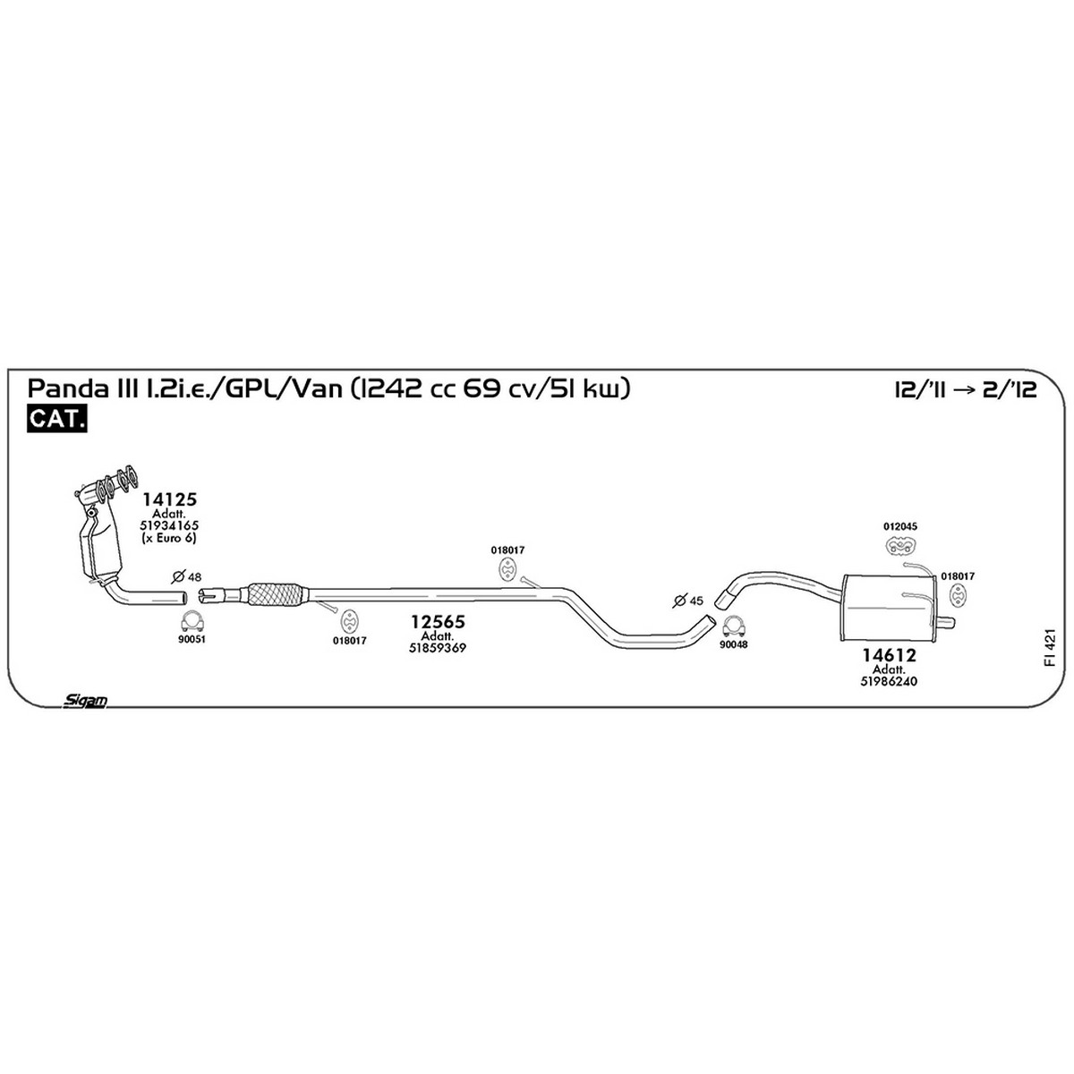 fi421 Tubo intermedio Fiat Panda III 312-319 1.2i.e. / GPL / Van 1242 cc 69 cv 51 kw Cat 12/11 -> 02/12 (12565) - immagine 1