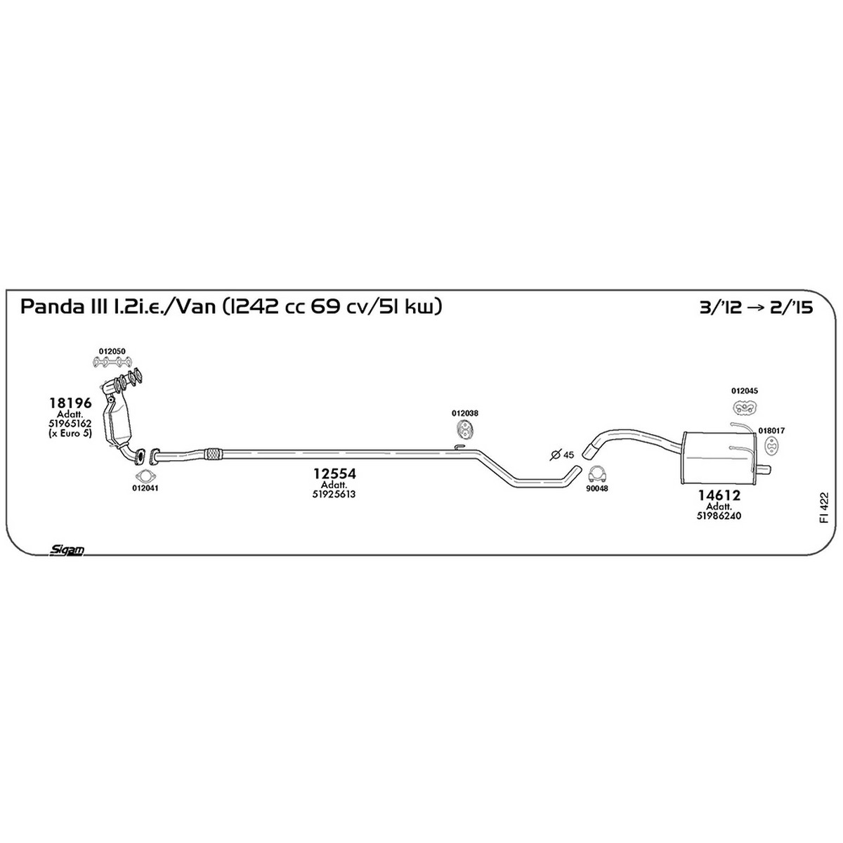 fi422 Tubo intermedio Fiat Panda III 312-319 1.2i.e. / Van 1242 cc 69 cv 51 kw Cat 03/12 -> 02/15 (12554) - immagine 1