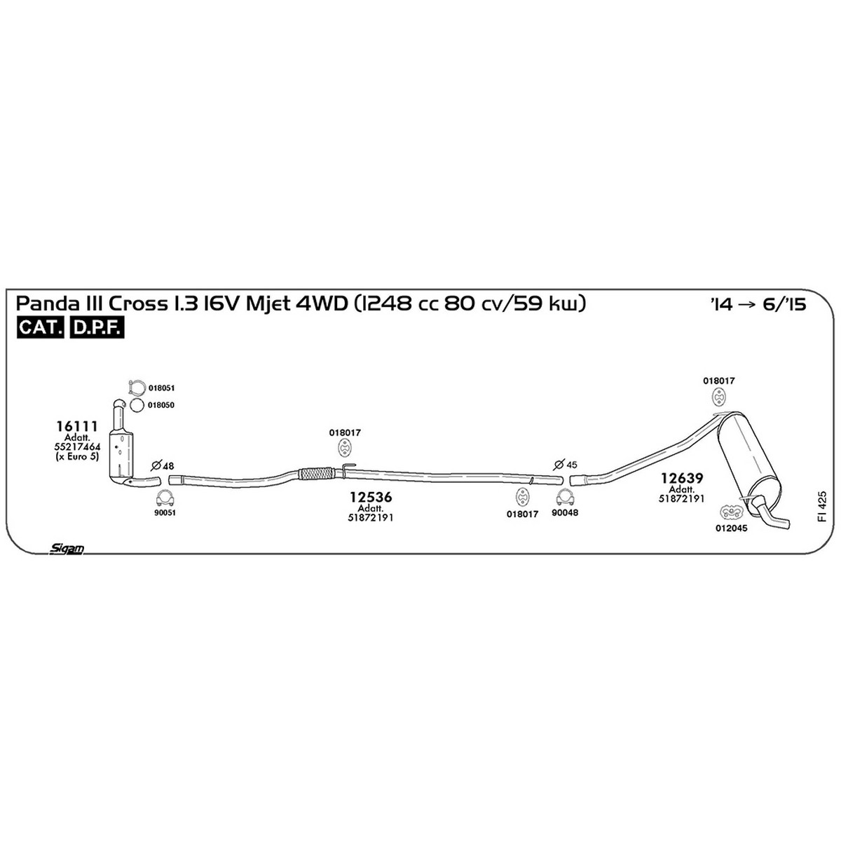 fi425 Tubo intermedio Fiat Panda III 312-319 1.3 16V Mjet Cross 4WD 1248 cc 80 cv 59 kw Cat DPF 2014 -> 06/15 (12536) - immagine 1