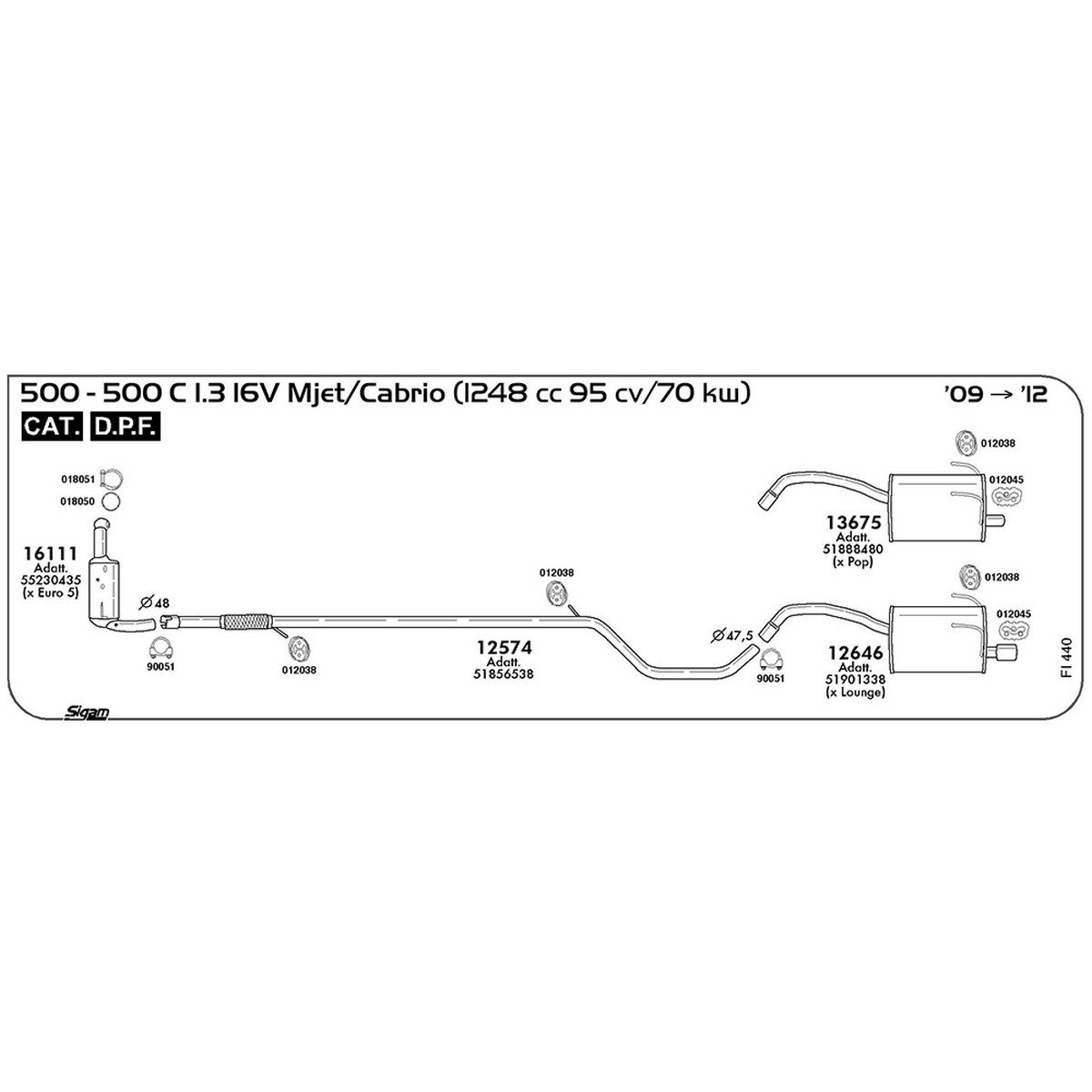 fi440 Marmitta posteriore Fiat 500 312 1.3 16V Mjet 1248 cc 95 cv 70 kw Cat DPF 2009 -> 2012 (13675) - immagine 1