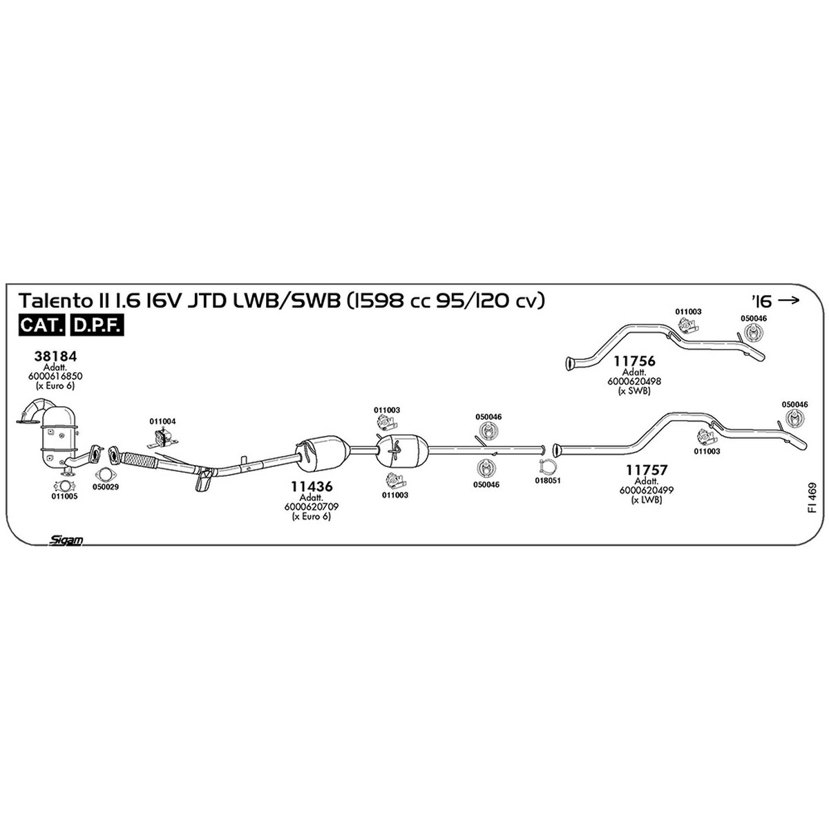 fi469 Tubo posteriore Fiat Talento II 296 1.6 16V JTD 1598 cc 95 / 120 cv Cat DPF 2016 -> (11757) - immagine 1
