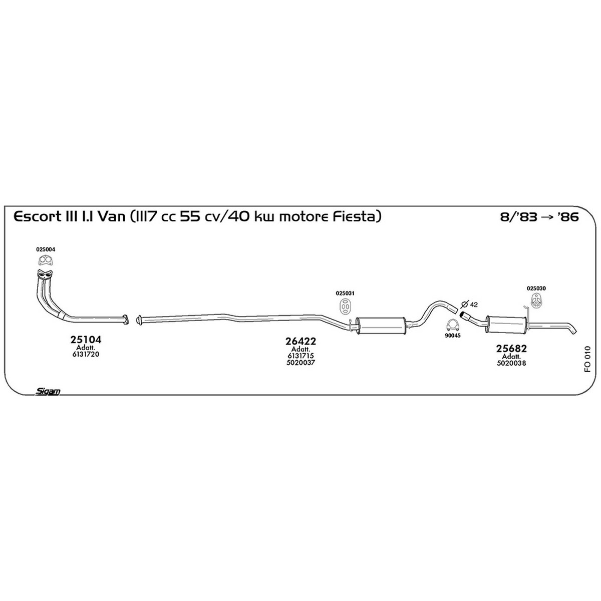 fo010 Tubo al collettore Ford Escort III 1.1 Van 1117 cc 55 cv 40 kw motore Fiesta 08/83 -> 1986 (25104) - immagine 1