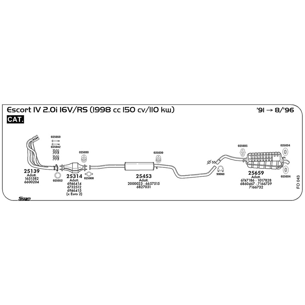 fo043 Marmitta centrale Ford Escort IV 2.0i 16V / RS 1998 cc 150 cv 110 kw Cat 1991 -> 08/96 (25453) - immagine 1
