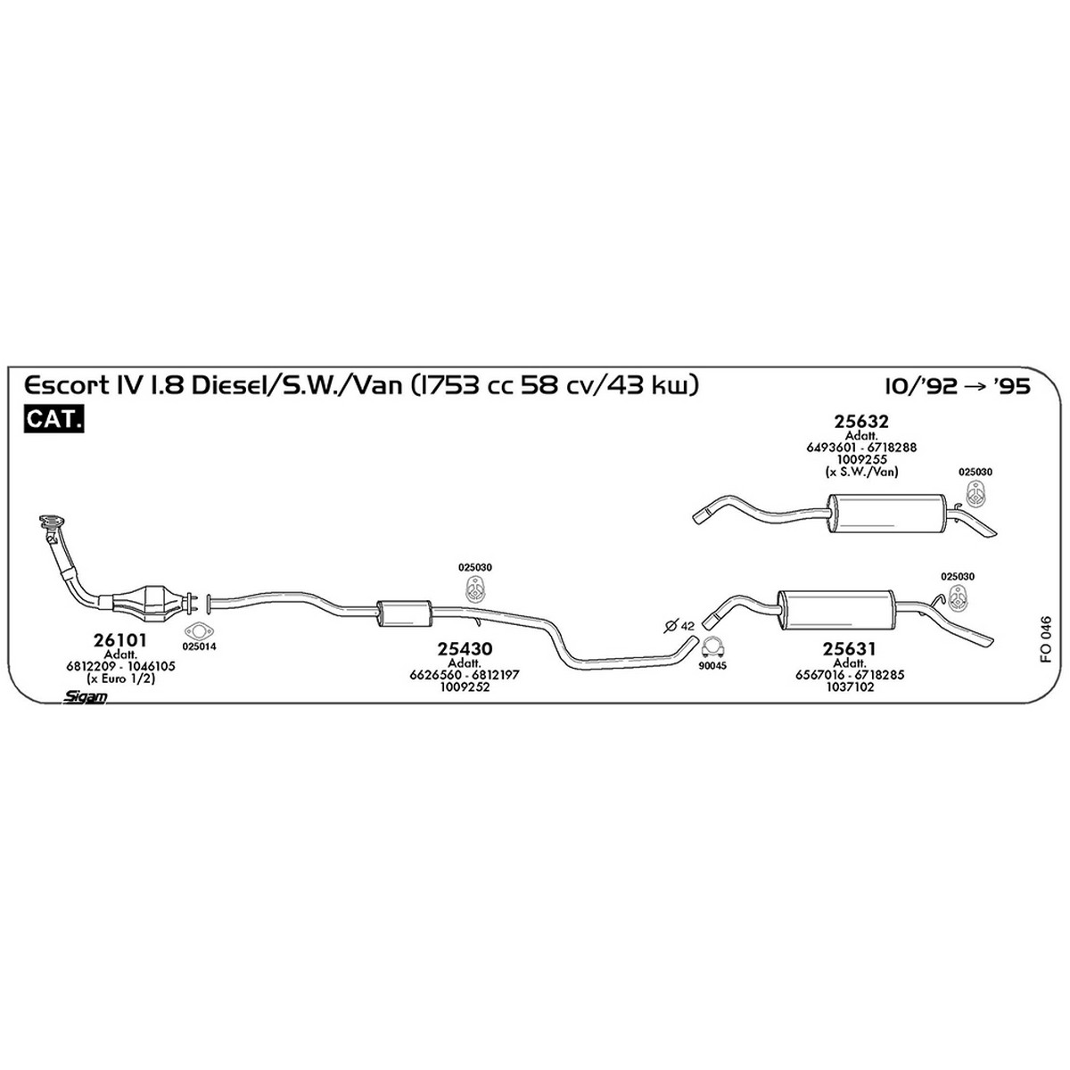 fo046 Marmitta centrale Ford Escort IV 1.8 Diesel / S.W. / Van 1753 cc 58 cv 43 kw Cat 10/92 -> 1995 (25430) - immagine 1