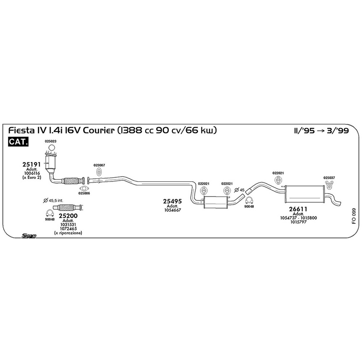 fo099 Tubo anteriore Ford Fiesta IV 1.4i 16V Courier 1388 cc 90 cv 66 kw Cat 11/95 -> 03/99 (25200) - immagine 1