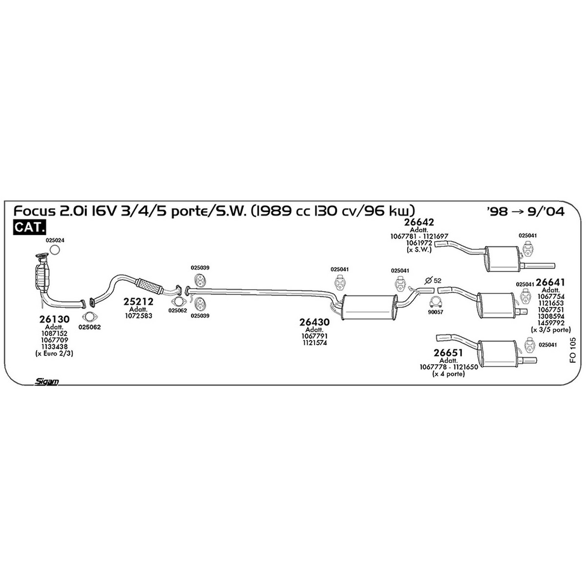 fo105 Tubo anteriore Ford Focus I 2.0i 16V 3 / 4 / 5 porte / S.W. 1989 cc 130 cv 96 kw Cat 1998 -> 09/04 (25212) - immagine 1