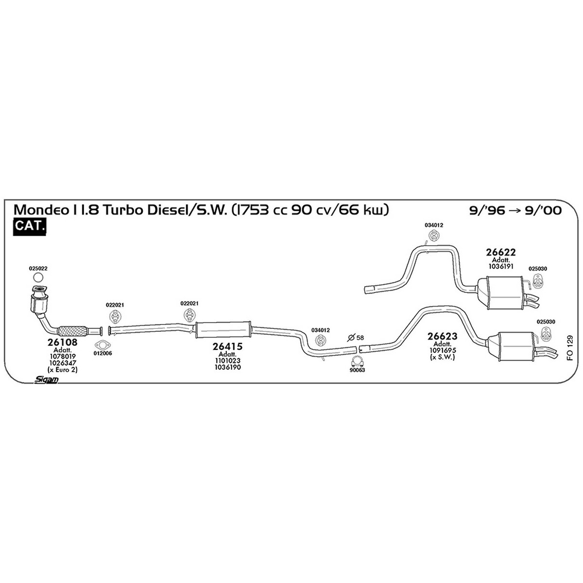 fo129 Marmitta centrale Ford Mondeo I 1.8 Turbo Diesel / S.W 1753 cc 90 cv 66 kw Cat 09/96 -> 10/00 (26415) - immagine 1