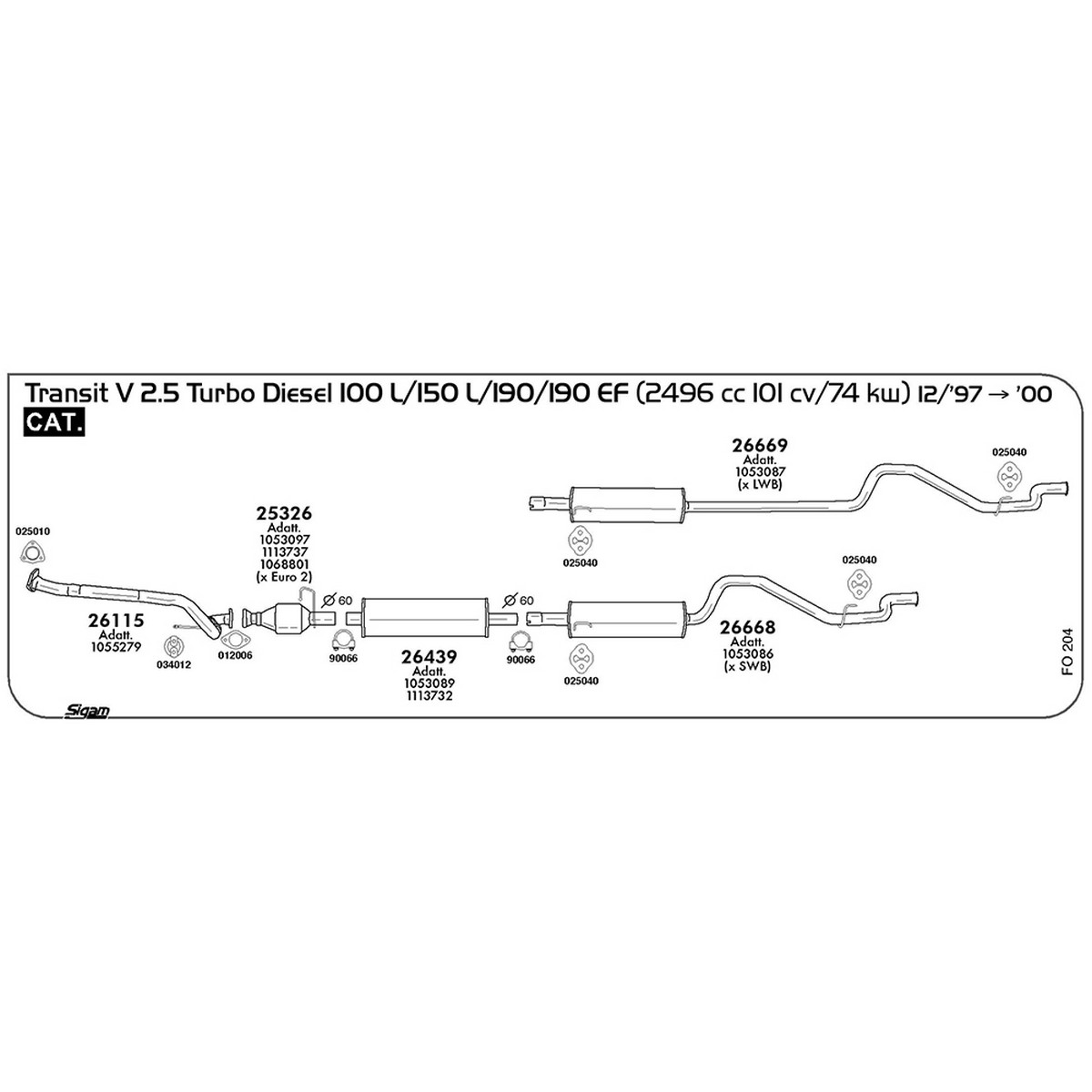 fo204 Marmitta centrale Ford Transit V 2.5 Turbo Diesel 100 L / 150 L / 190 / 190 EF 2496 cc 101 cv 74 kw Cat 12/97 -> 2000 (26439) - immagine 1