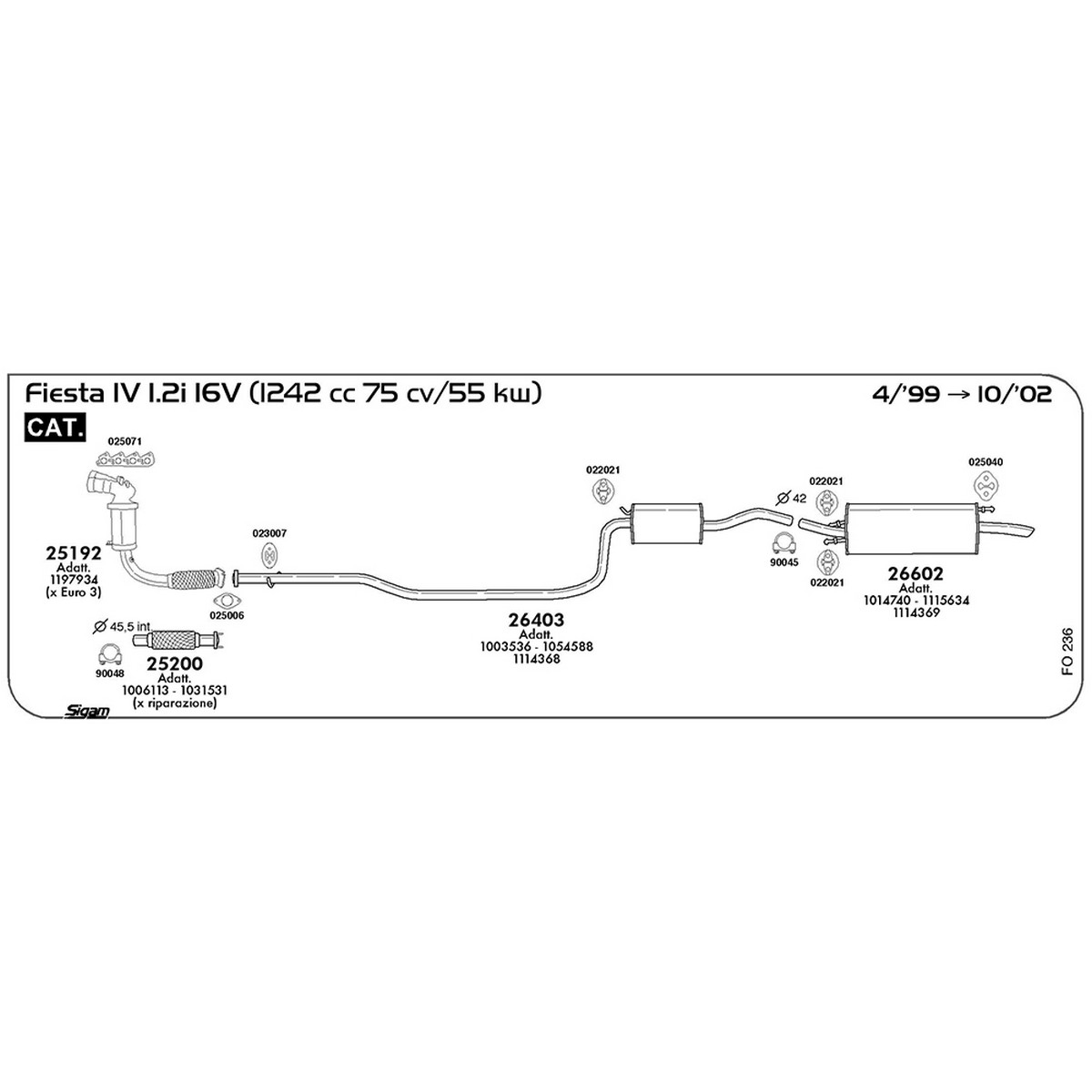 fo236 Tubo anteriore Ford Fiesta IV 1.2i 16V 1242 cc 75 cv 55 kw Cat 04/99 -> 10/02 (25200) - immagine 1