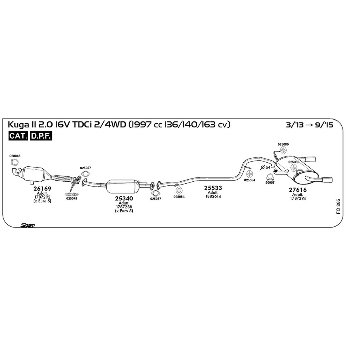 fo285 Tubo intermedio Ford Kuga II 2.0 16V TDCi 2 / 4WD 1997 cc 136 / 140 / 163 cv Cat DPF 03/13 -> 09/15 (25533) - immagine 1