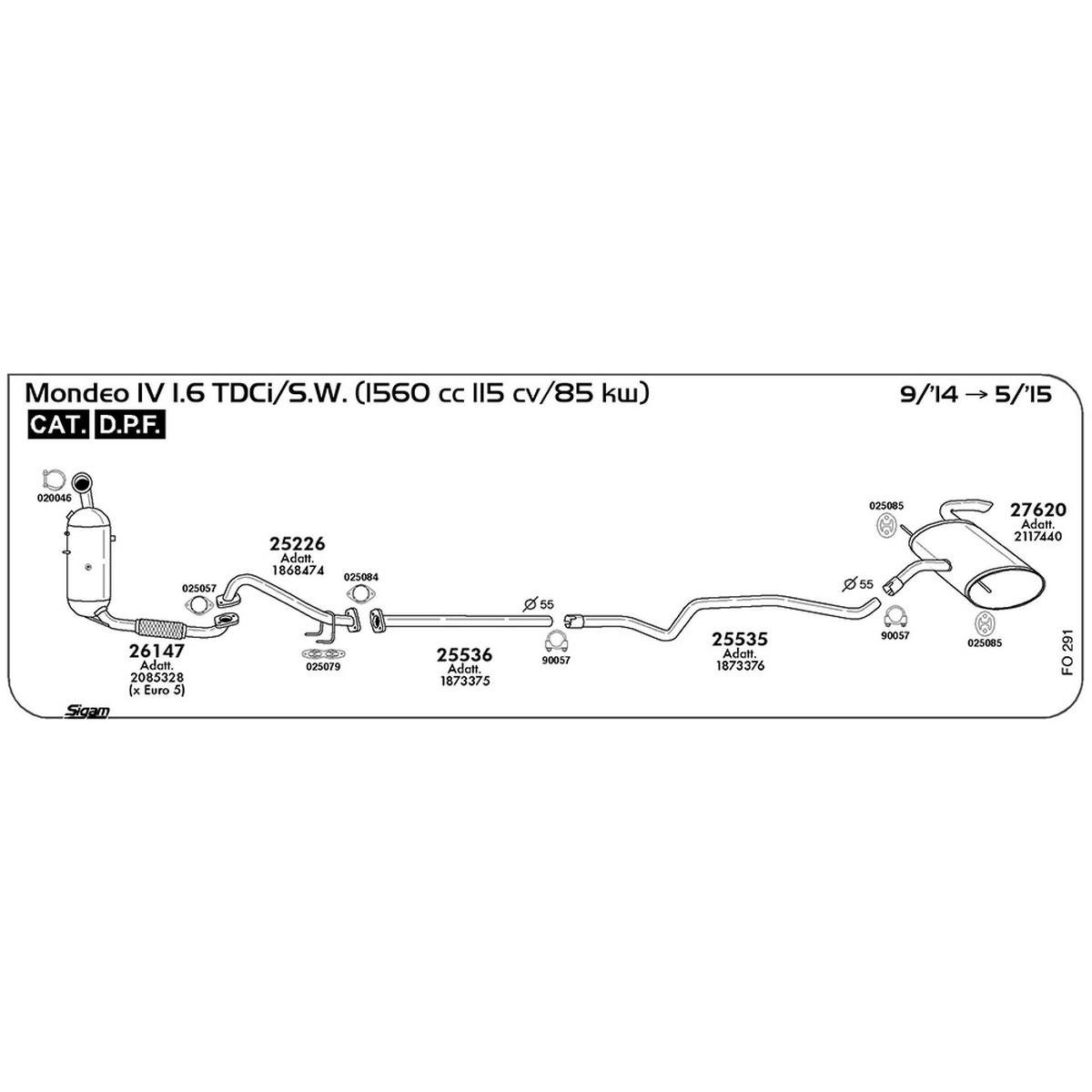 fo291 Tubo intermedio Ford Mondeo IV 1.6 TDCi / S.W. 1560 cc 115 cv 85 kw Cat DPF 09/14 -> 05/15 (25535) - immagine 1