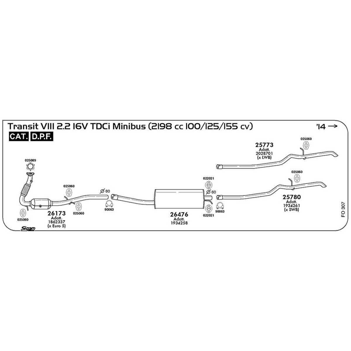 fo307 Marmitta centrale Ford Transit VIII V363 2.2 16V TDCi Minibus 2198 cc 100 / 125 / 155 cv Cat DPF 2014 -> (26476) - immagine 1