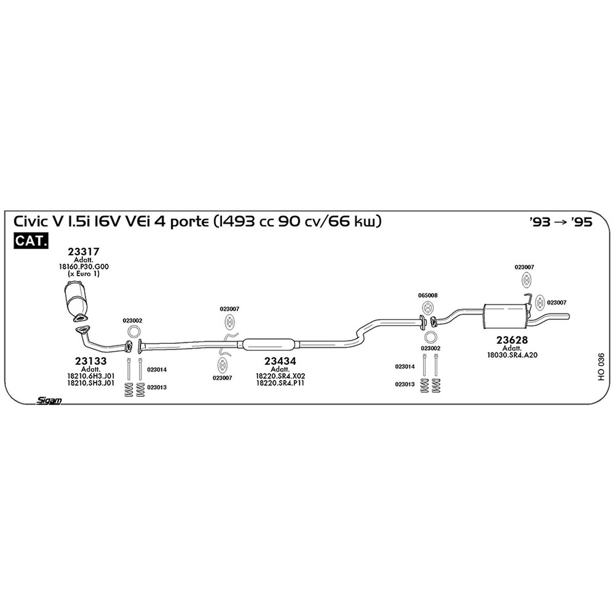 ho036 Marmitta centrale Honda Civic V 1.5i 16V VEi 4 porte 1493 cc 90 cv 66 kw Cat 1993 -> 1995 (23434) - immagine 1