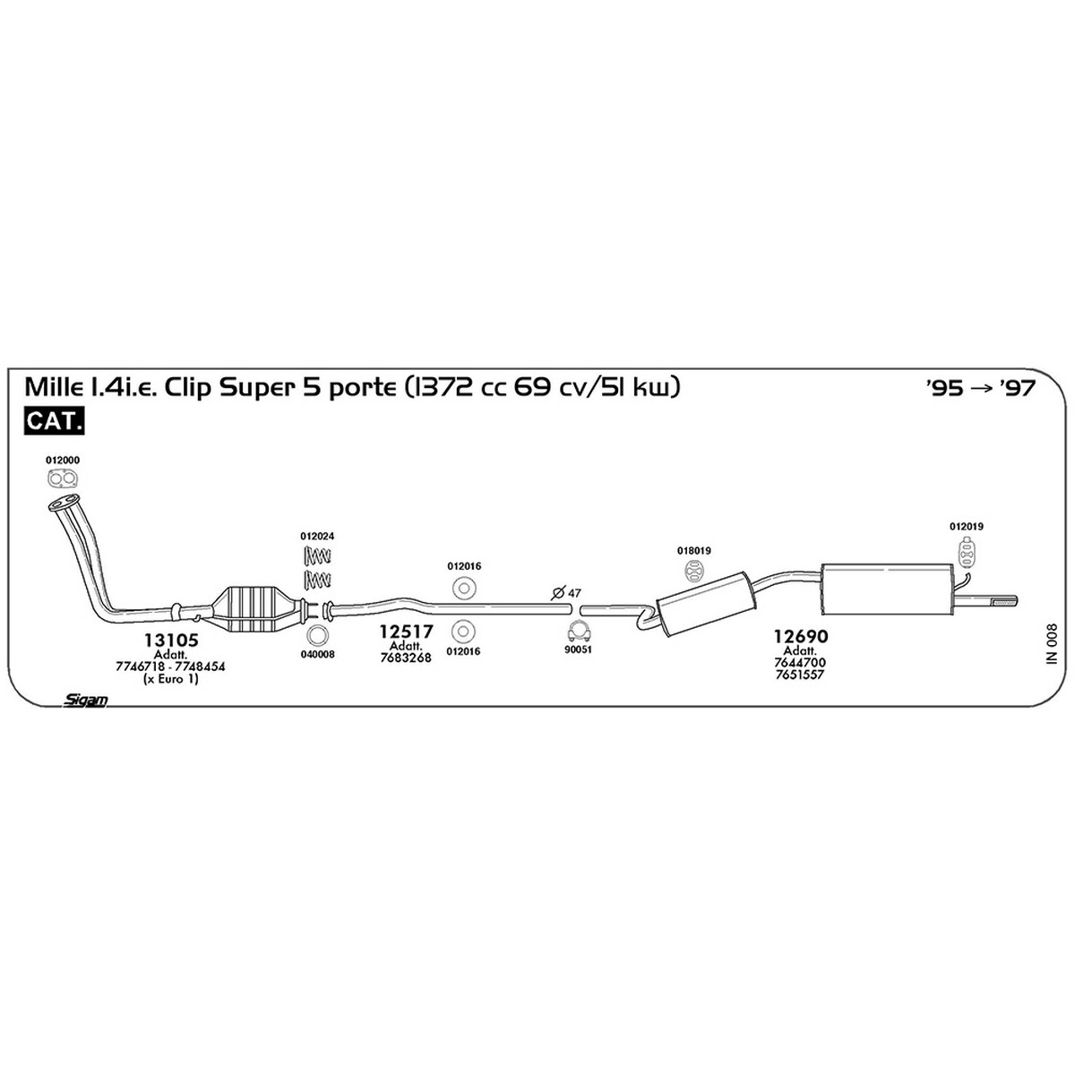 in008 Tubo intermedio Innocenti Mille 1.4i.e Clip Super 5 porte 1372 cc 69 cv 51 kw Cat 1995 -> 1997 (12517) - immagine 1